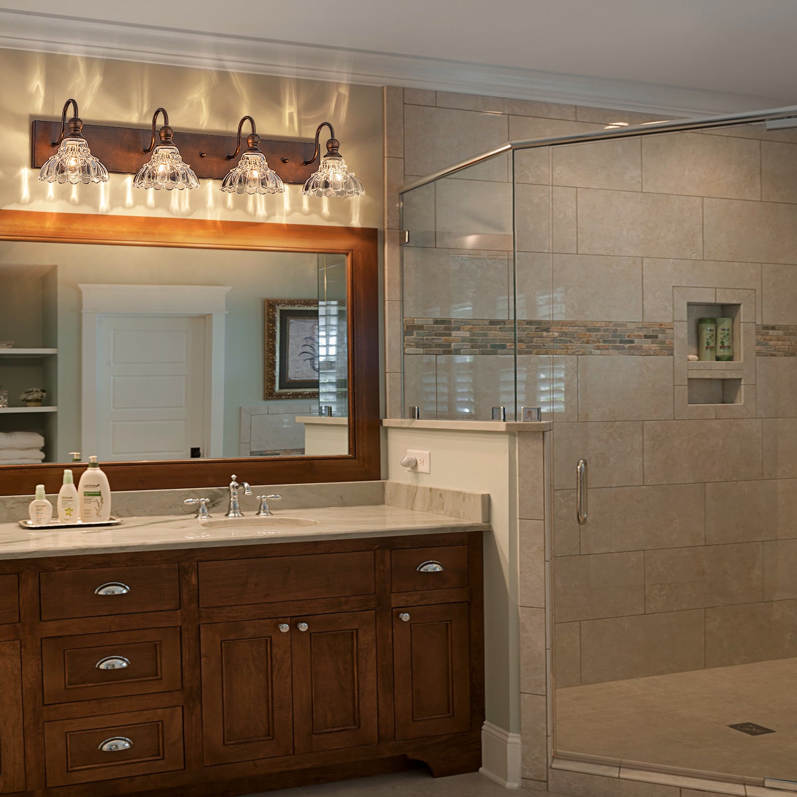 Glowlings 1/3/4-Light Vintage Antique Bronze Glass Flower Shaped Bathroom Vanity Light Over Mirror