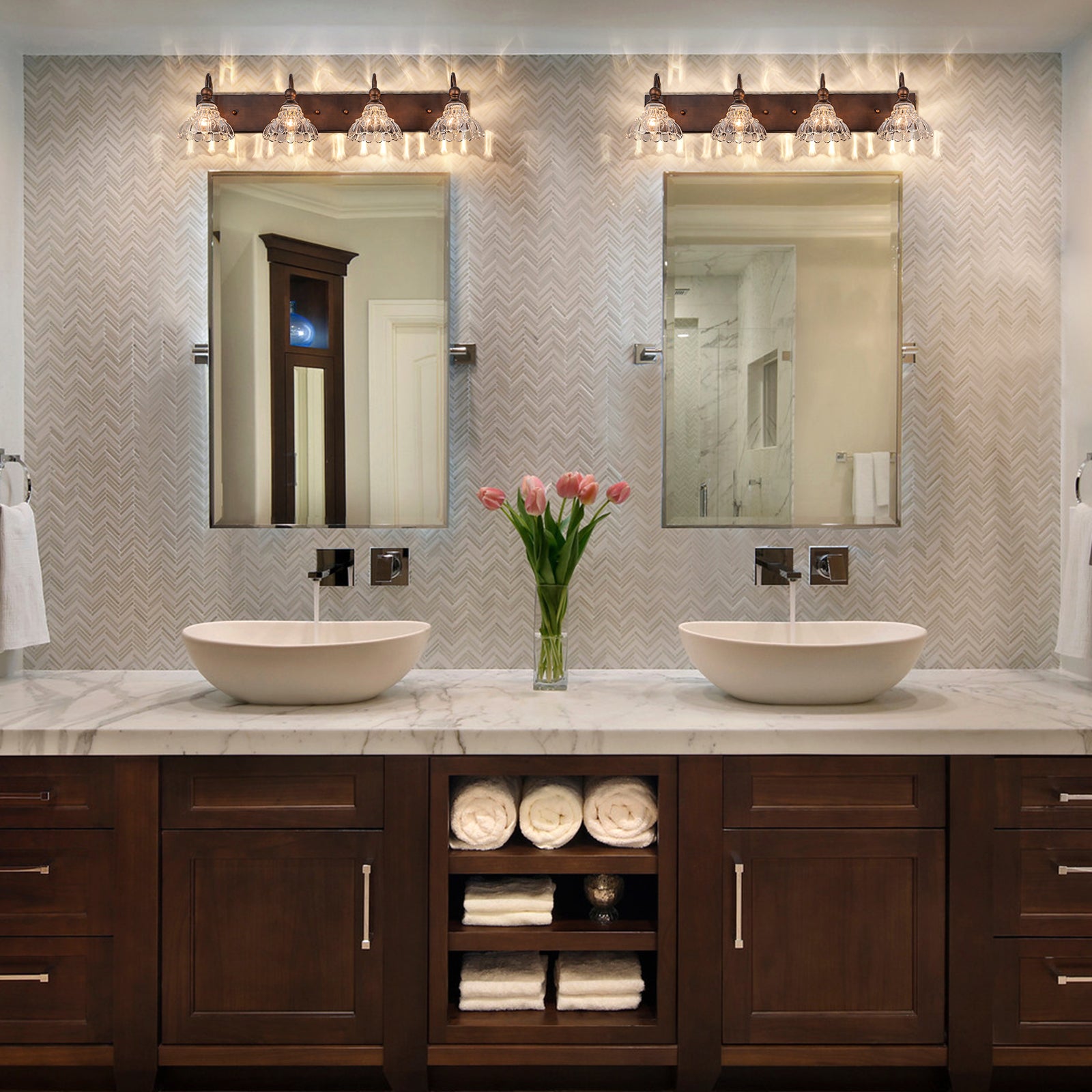 Glowlings 3/4-flammige Badezimmer-Waschtischleuchte im Vintage-Stil, Antik-Bronze, Glas, blumenförmig, über dem Spiegel