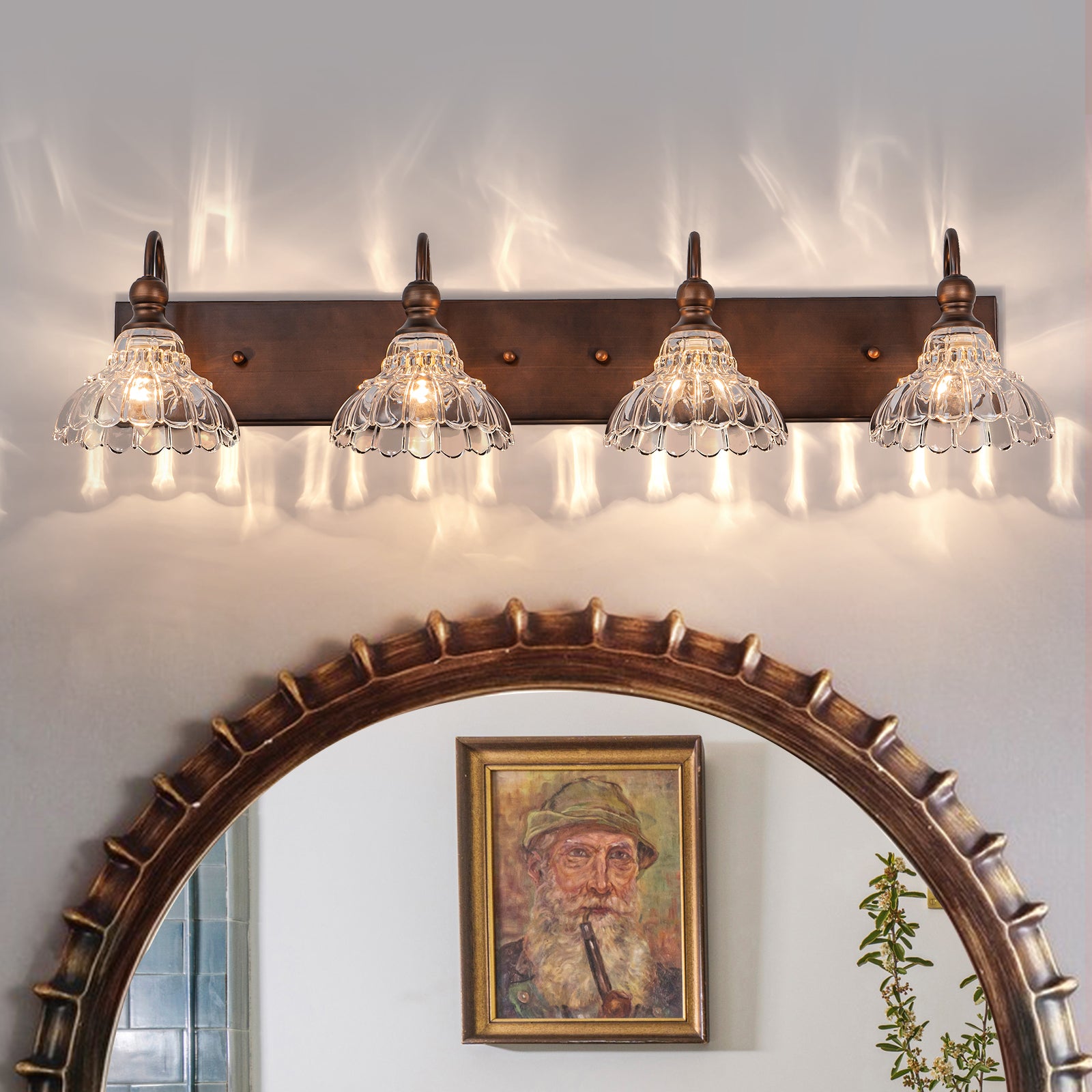 Glowlings 3/4-flammige Badezimmer-Waschtischleuchte im Vintage-Stil, Antik-Bronze, Glas, blumenförmig, über dem Spiegel