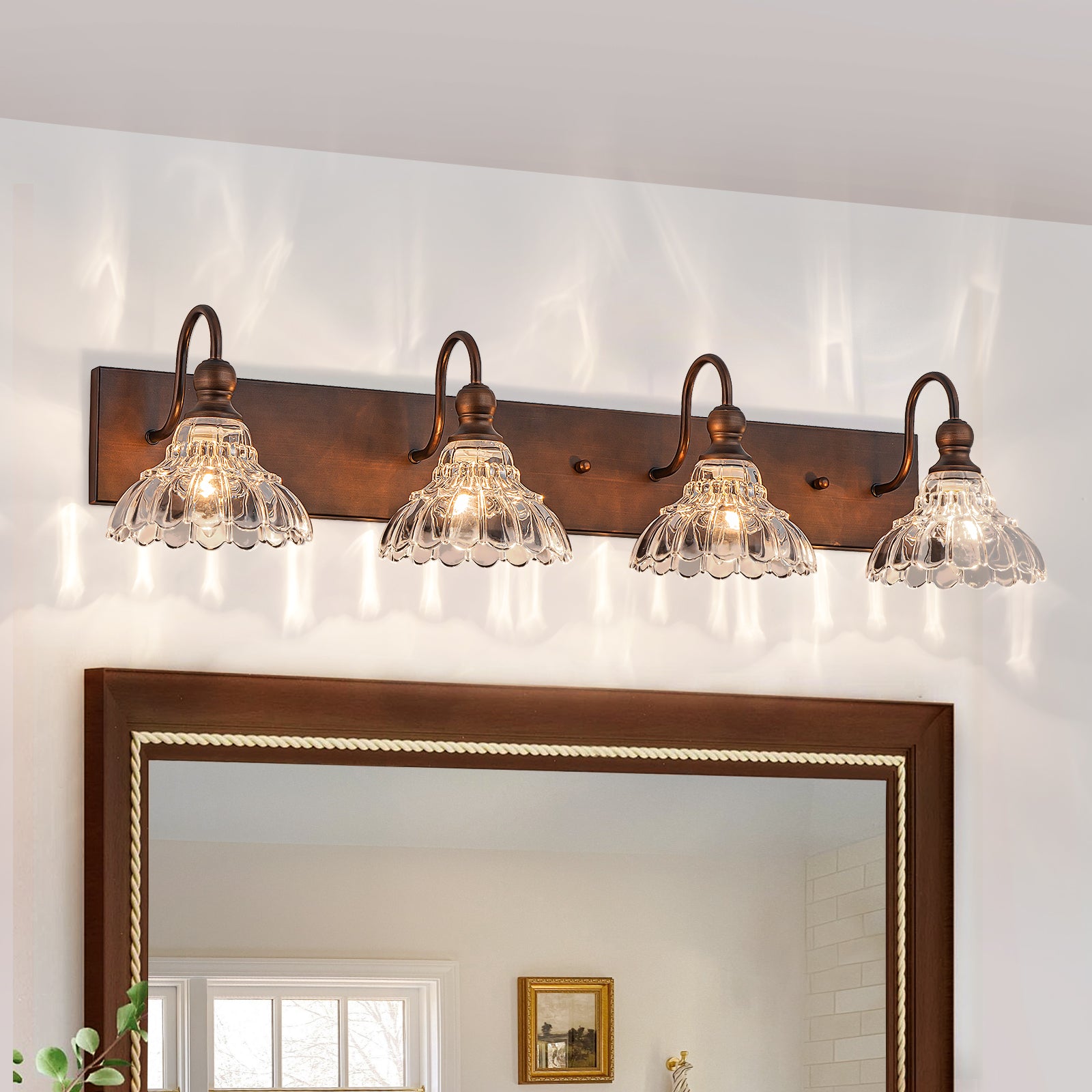 Glowlings 3/4-flammige Badezimmer-Waschtischleuchte im Vintage-Stil, Antik-Bronze, Glas, blumenförmig, über dem Spiegel