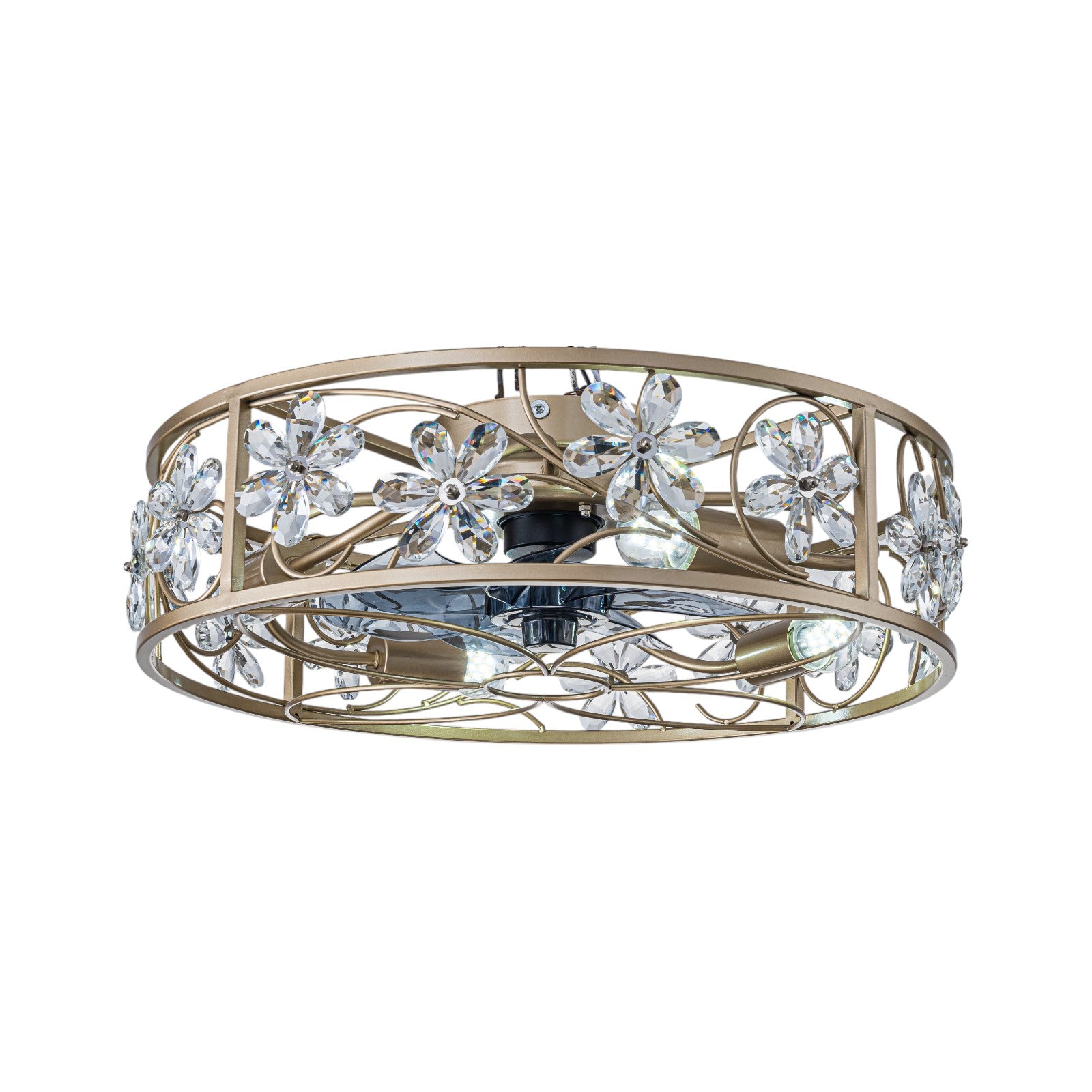 Glowlings 4-Light Luxury Caged Gold Crystal Flower Accents Remote Control Ceiling Fan with Light