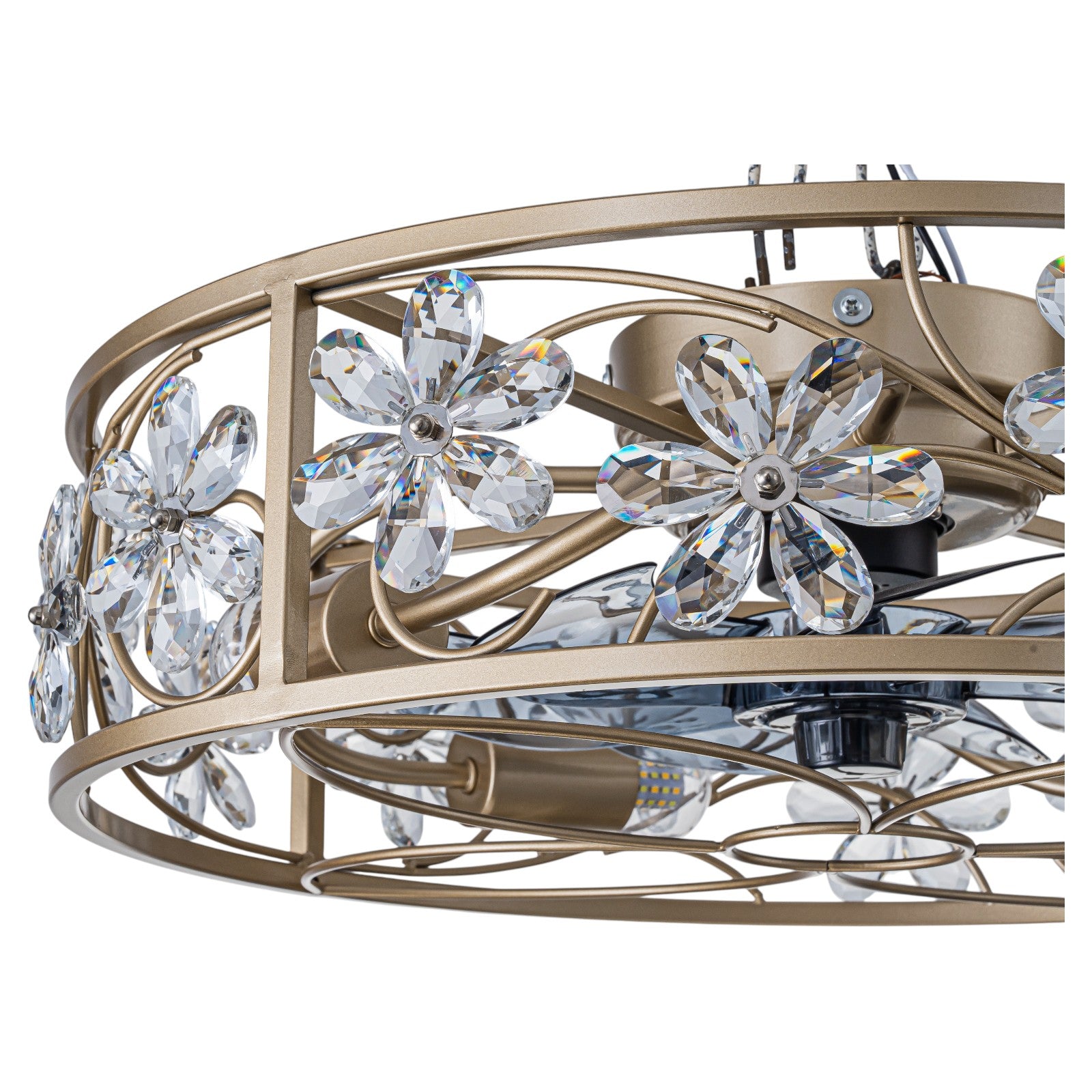Glowlings 4-Light Luxury Caged Gold Crystal Flower Accents Remote Control Ceiling Fan with Light