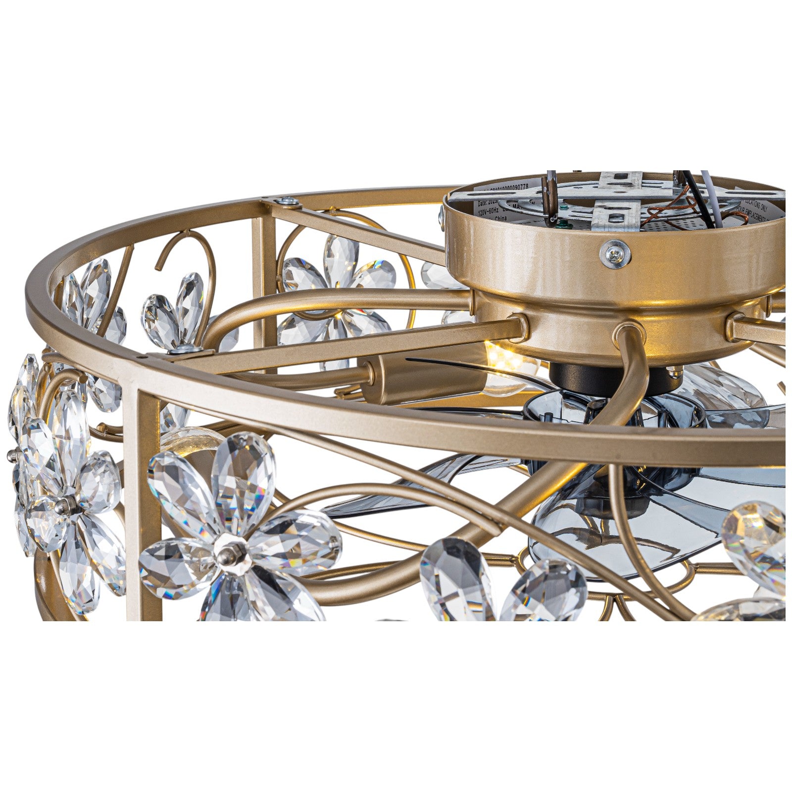 Glowlings 4-Light Luxury Caged Gold Crystal Flower Accents Remote Control Ceiling Fan with Light
