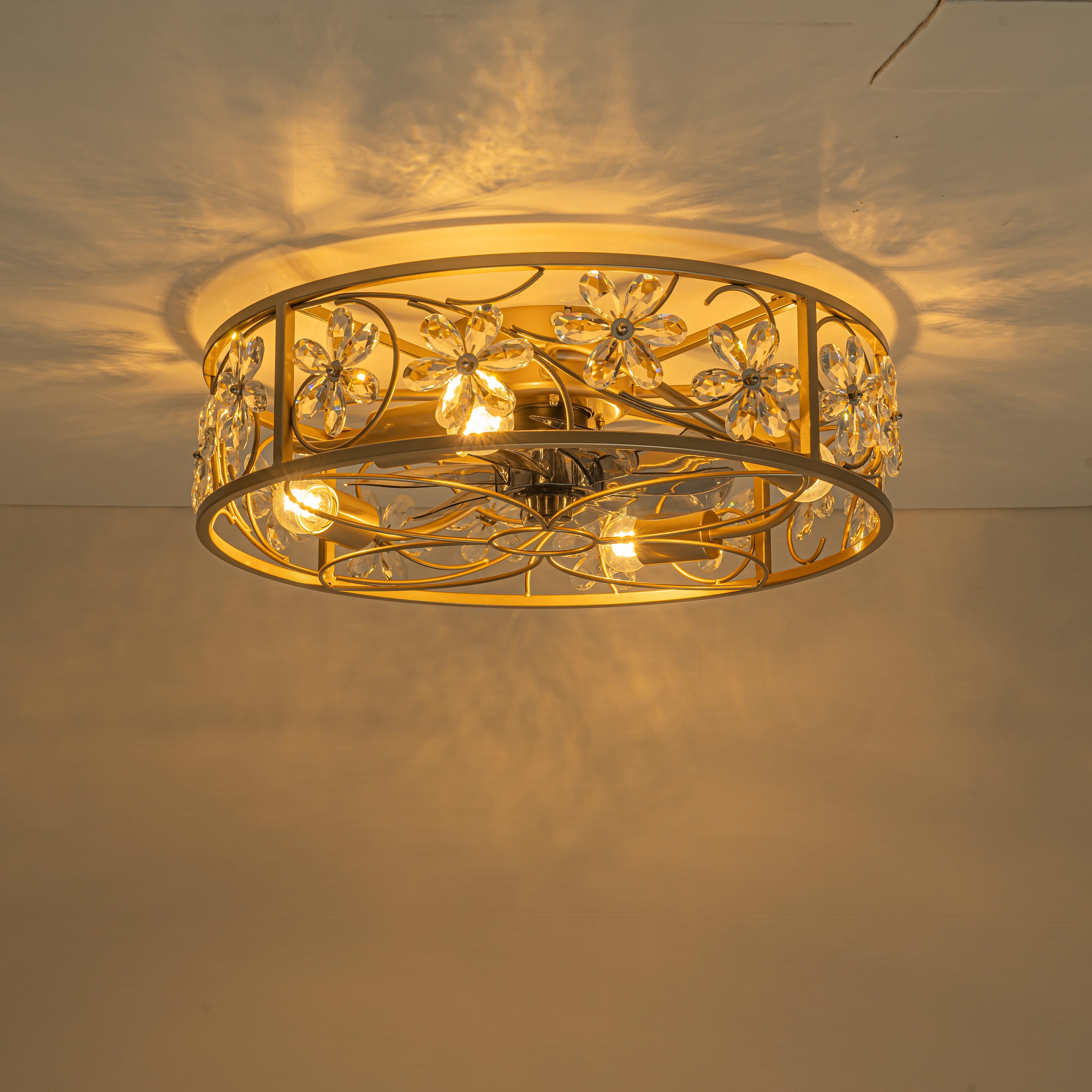 Glowlings 4-Light Luxury Caged Gold Crystal Flower Accents Remote Control Ceiling Fan with Light