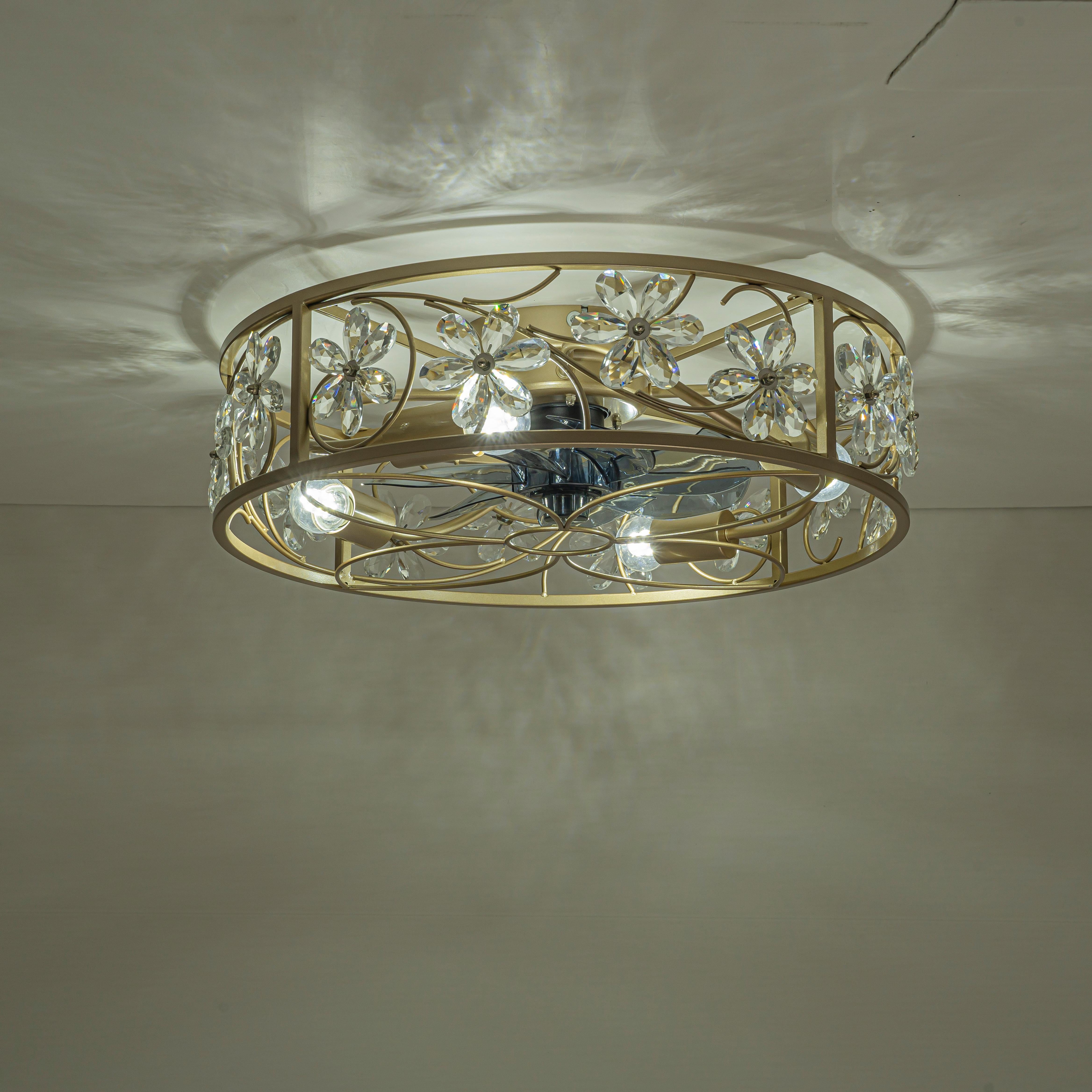 Glowlings 4-Light Luxury Caged Gold Crystal Flower Accents Remote Control Ceiling Fan with Light