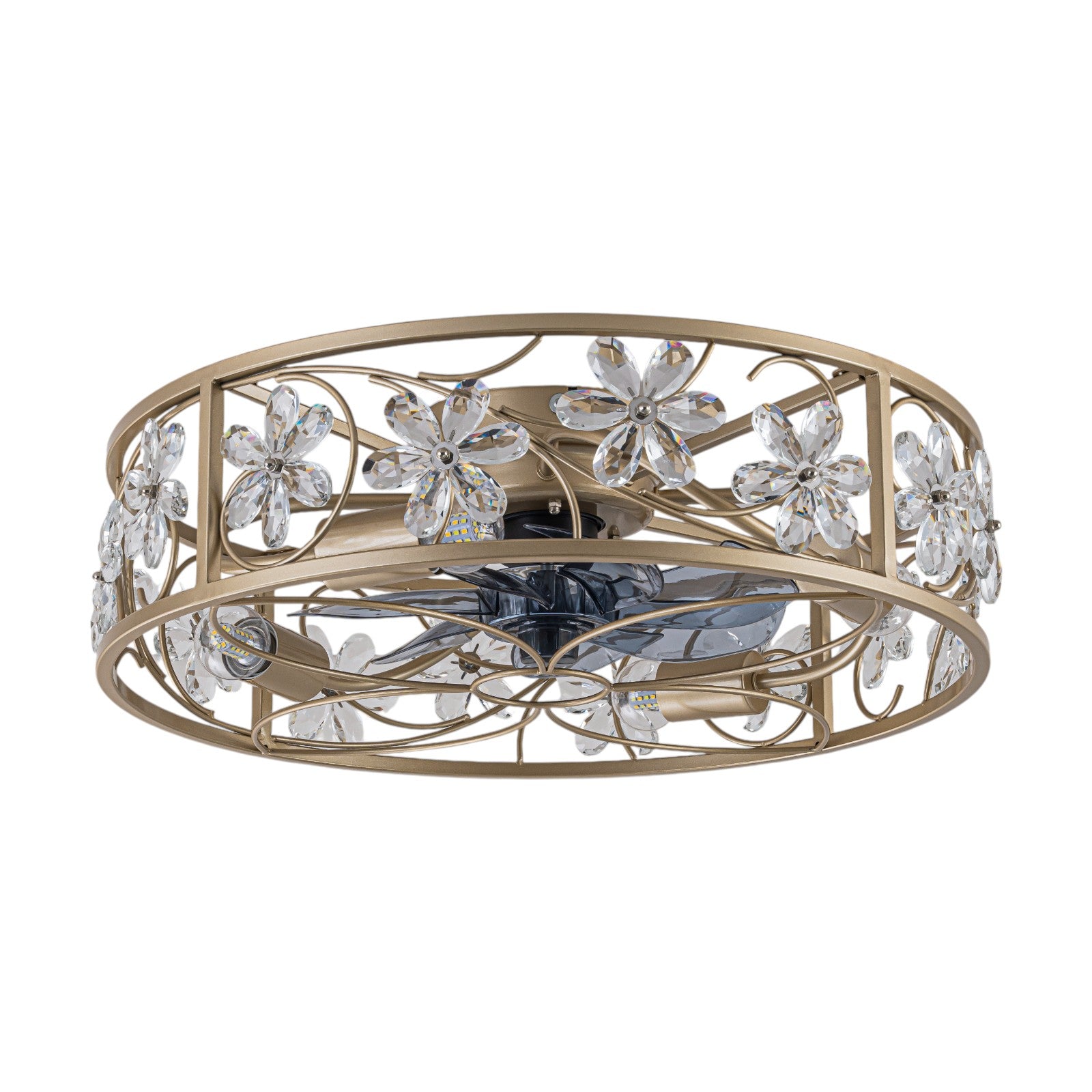 Glowlings 4-Light Luxury Caged Gold Crystal Flower Accents Remote Control Ceiling Fan with Light