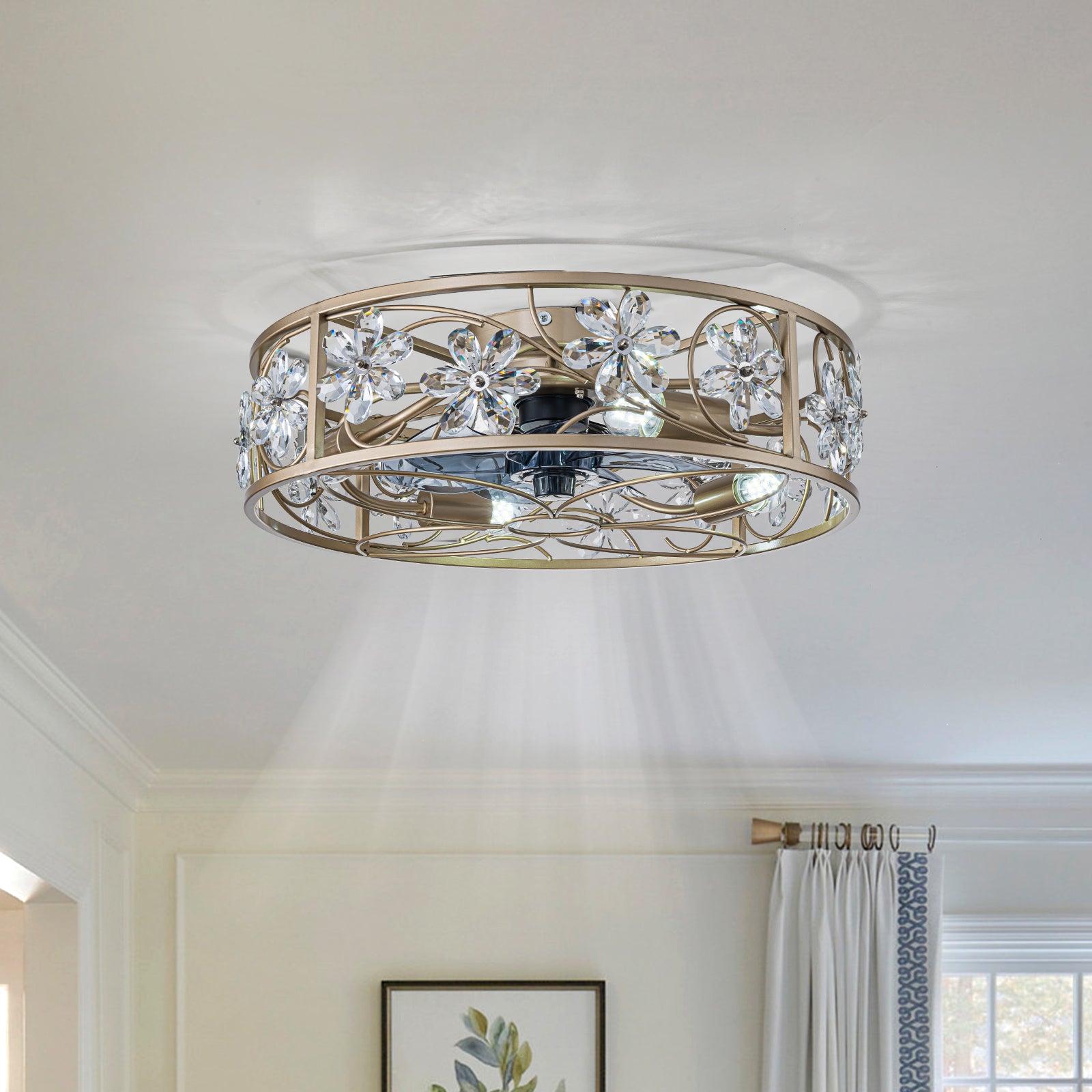 Glowlings Modern Glam Gold Ceiling Fan with Light - 4-Light Crystal Flower Caged Fandelier, Luxury Integrated LED Flush Mount Fan with Remote
