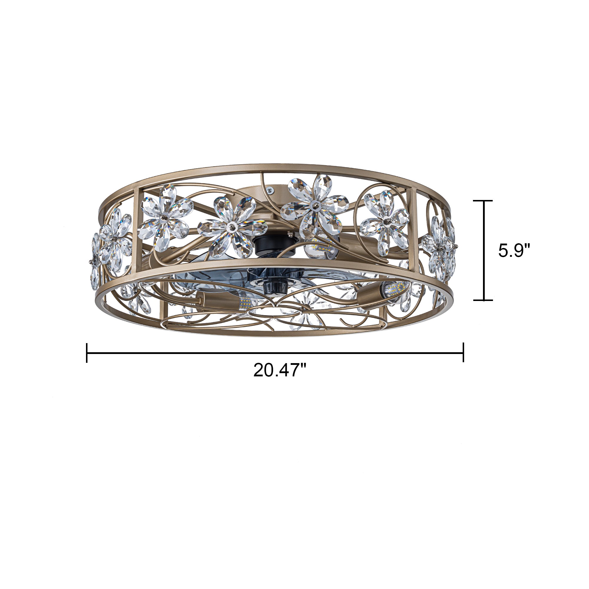Glowlings Modern Glam Gold Ceiling Fan with Light - 4-Light Crystal Flower Caged Fandelier, Luxury Integrated LED Flush Mount Fan with Remote