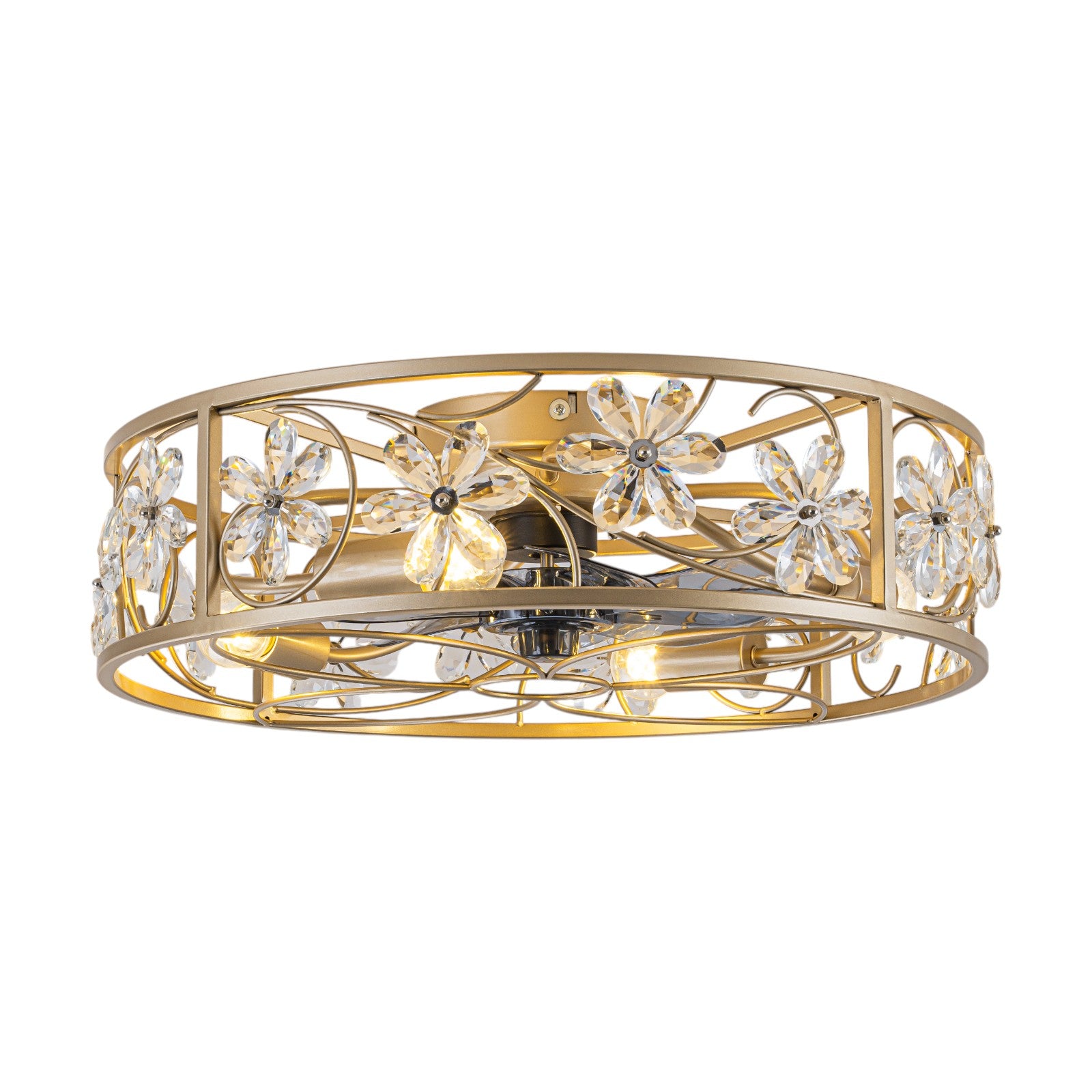Glowlings 4-Light Luxury Caged Gold Crystal Flower Accents Remote Control Ceiling Fan with Light
