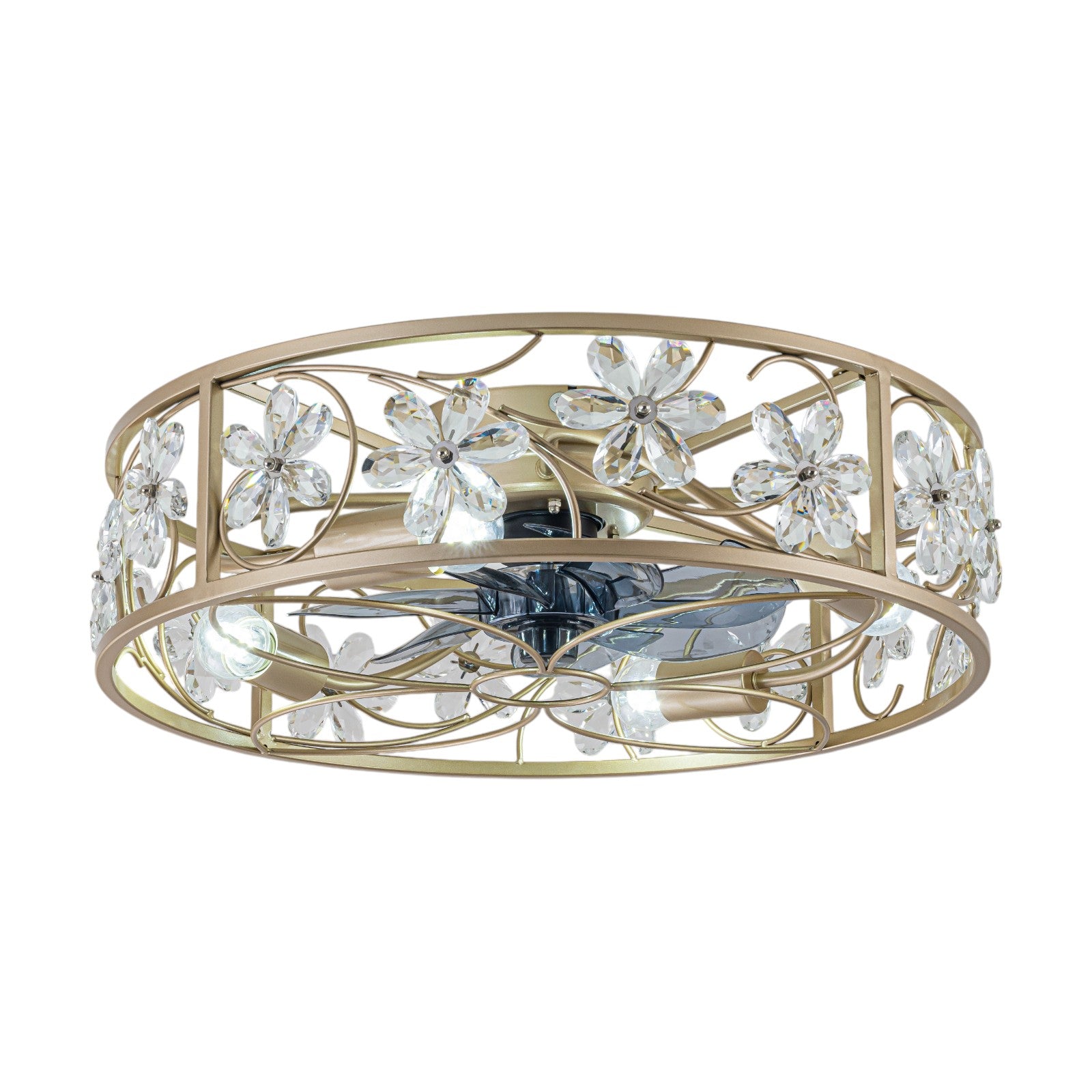 Glowlings 4-Light Luxury Caged Gold Crystal Flower Accents Remote Control Ceiling Fan with Light