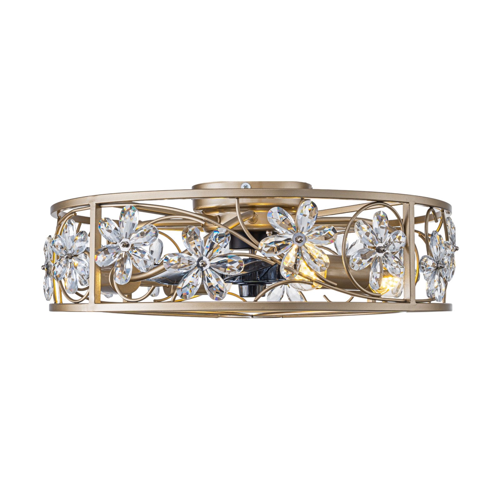 Glowlings 4-Light Luxury Caged Gold Crystal Flower Accents Remote Control Ceiling Fan with Light