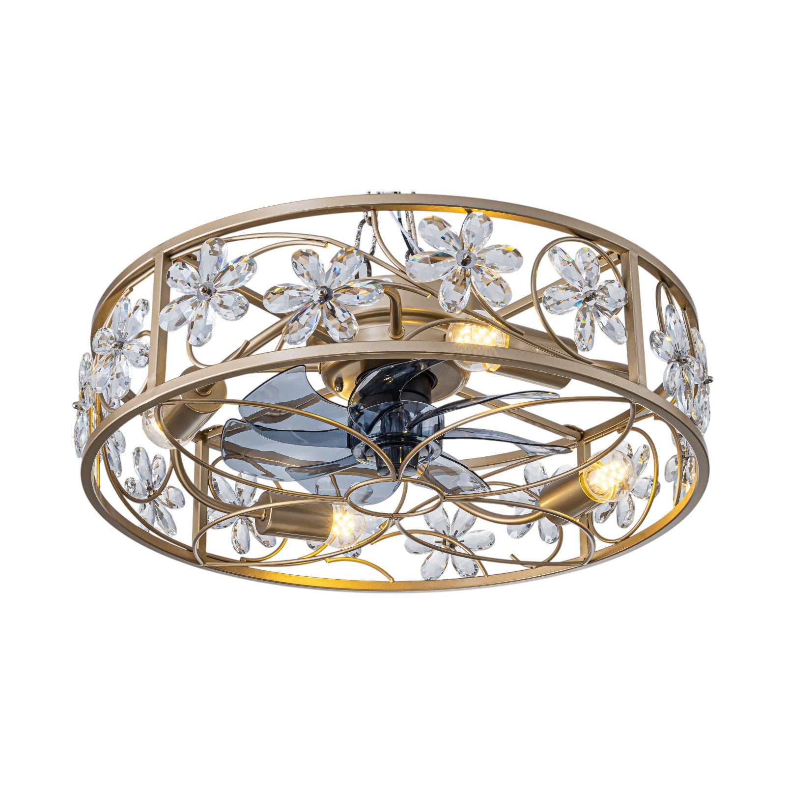 Glowlings 4-Light Luxury Caged Gold Crystal Flower Accents Remote Control Ceiling Fan with Light