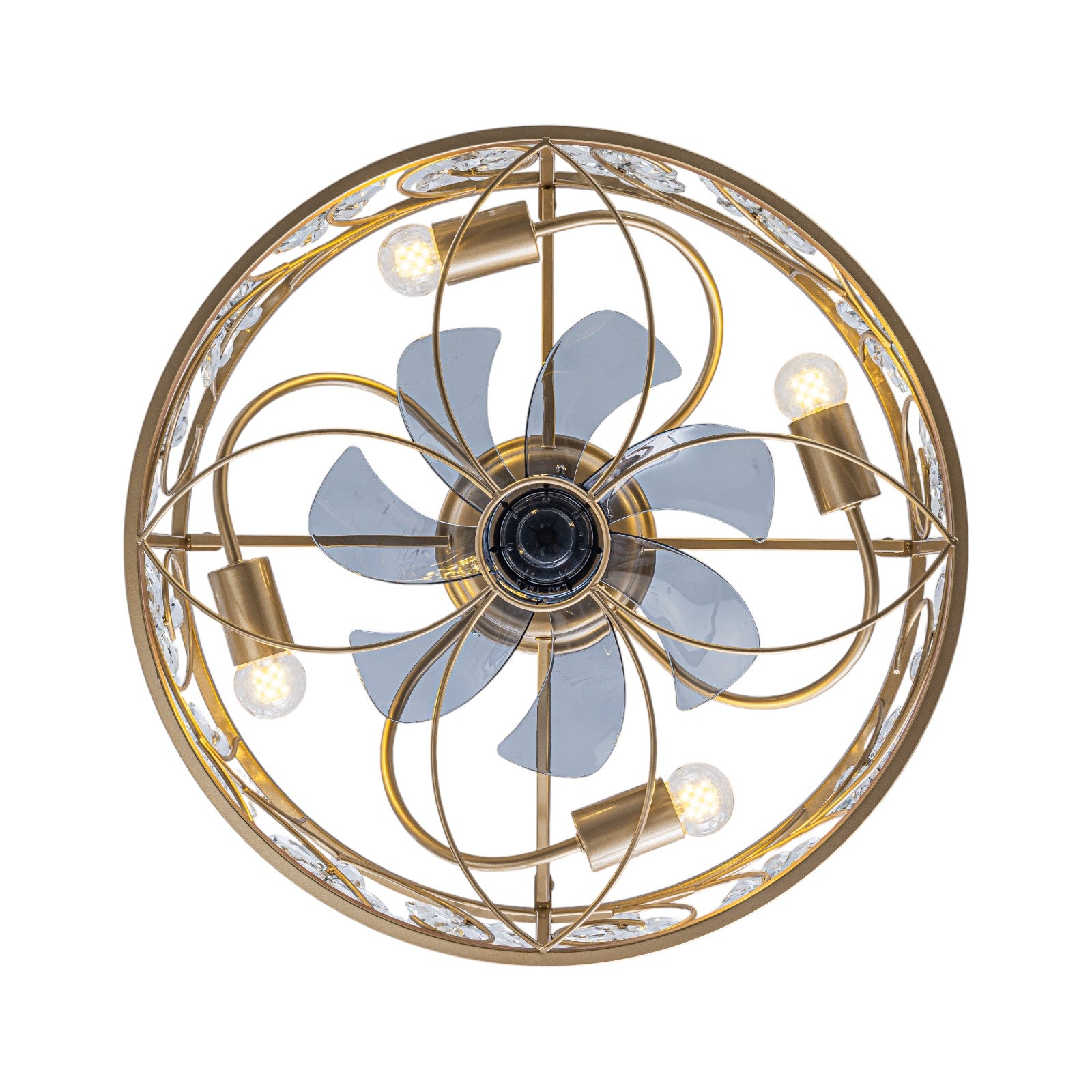 Glowlings 4-Light Luxury Caged Gold Crystal Flower Accents Remote Control Ceiling Fan with Light