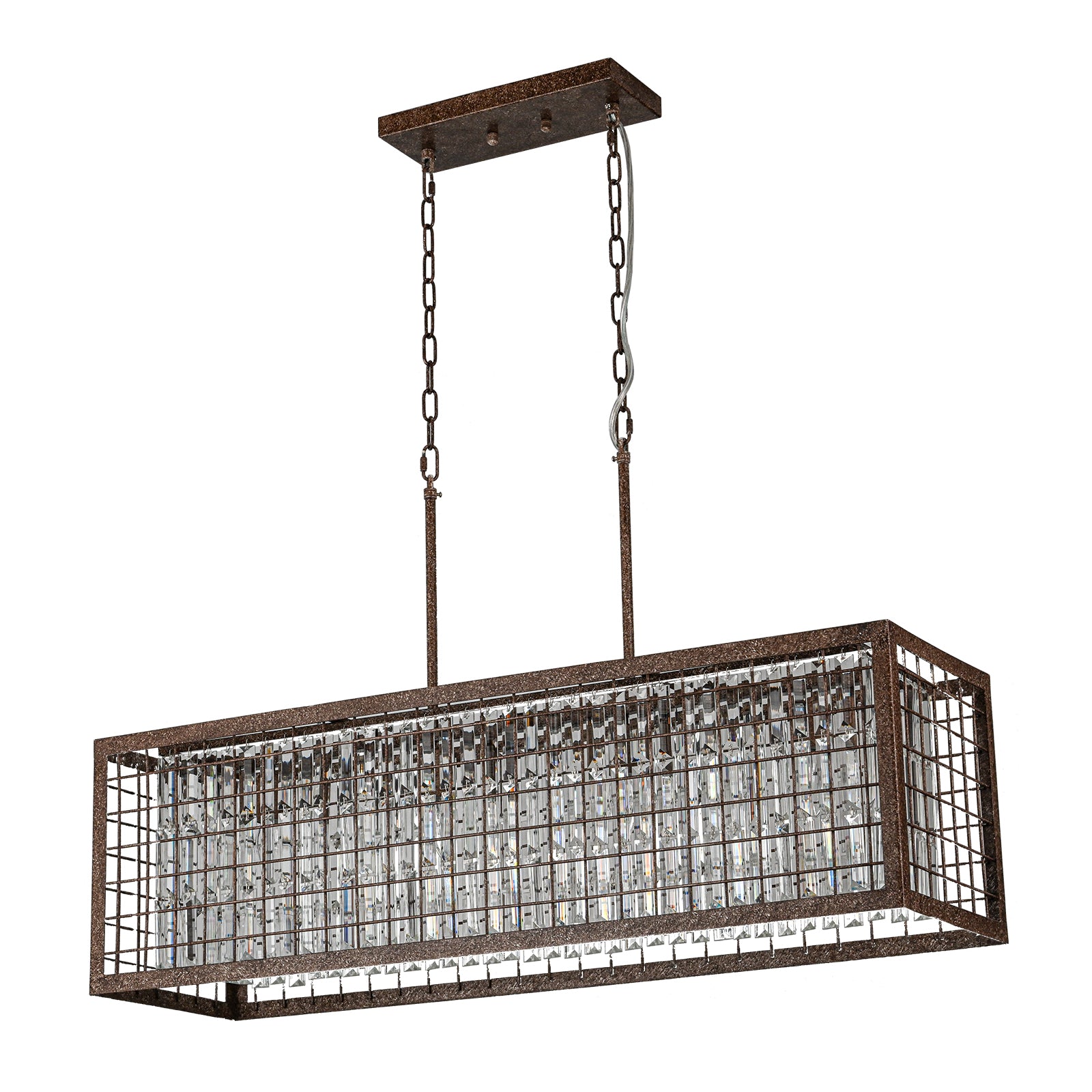 Glowlings 4-flammiger rustikaler 37" breiter großer rechteckiger Kristall-Kronleuchter aus antiker Bronze