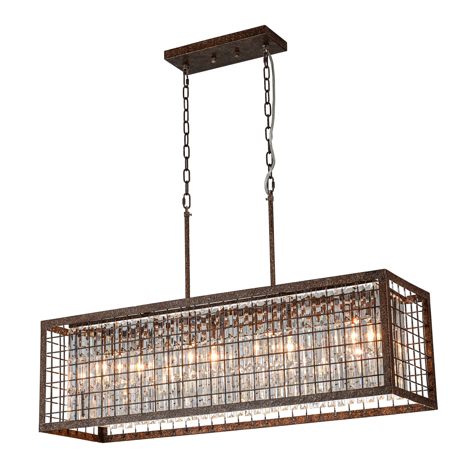 Glowlings 4-flammiger rustikaler 37" breiter großer rechteckiger Kristall-Kronleuchter aus antiker Bronze