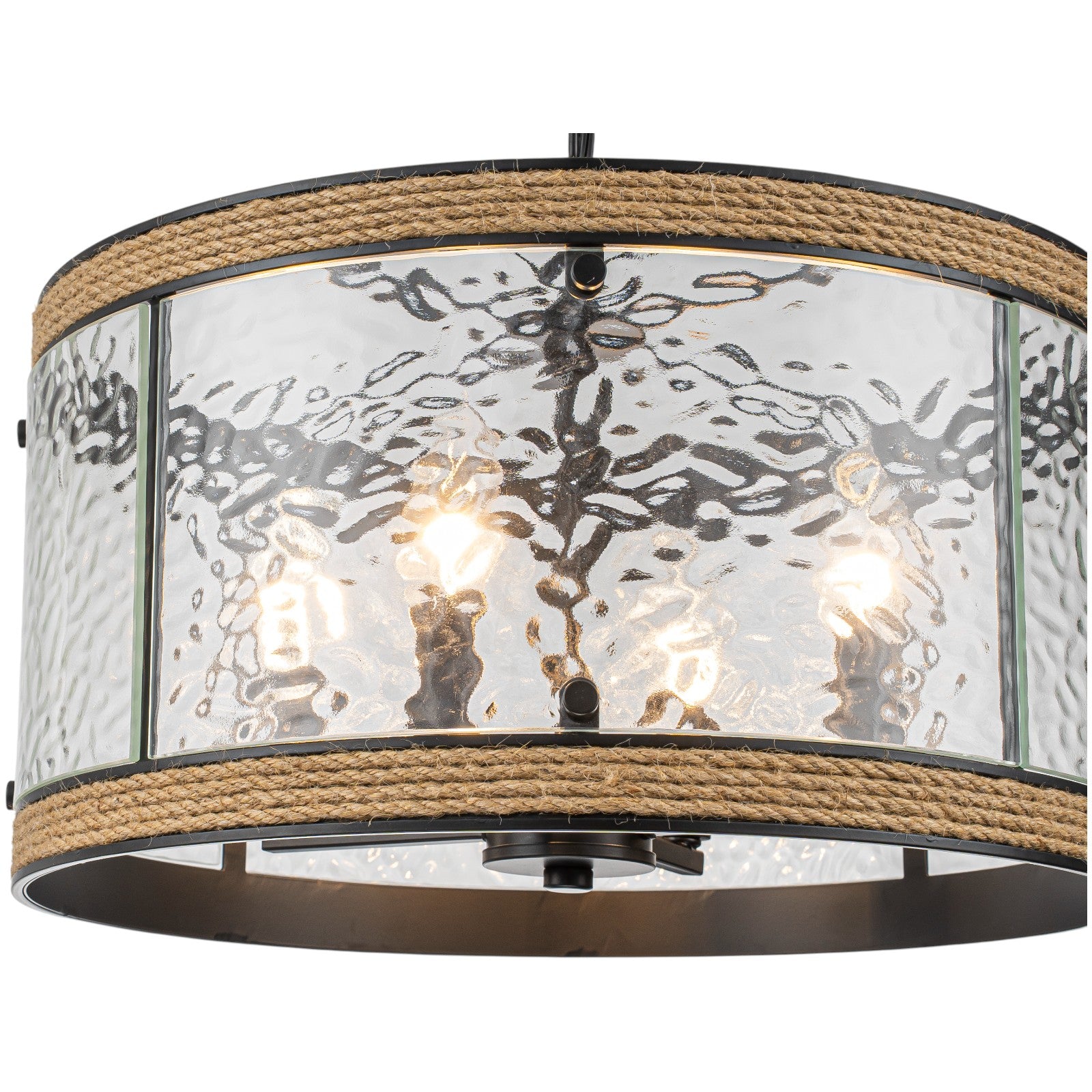 Glowlings 4-Light Farmhouse 16"Wide Drum Natural Rope Clear Hammered Glass Chandelier