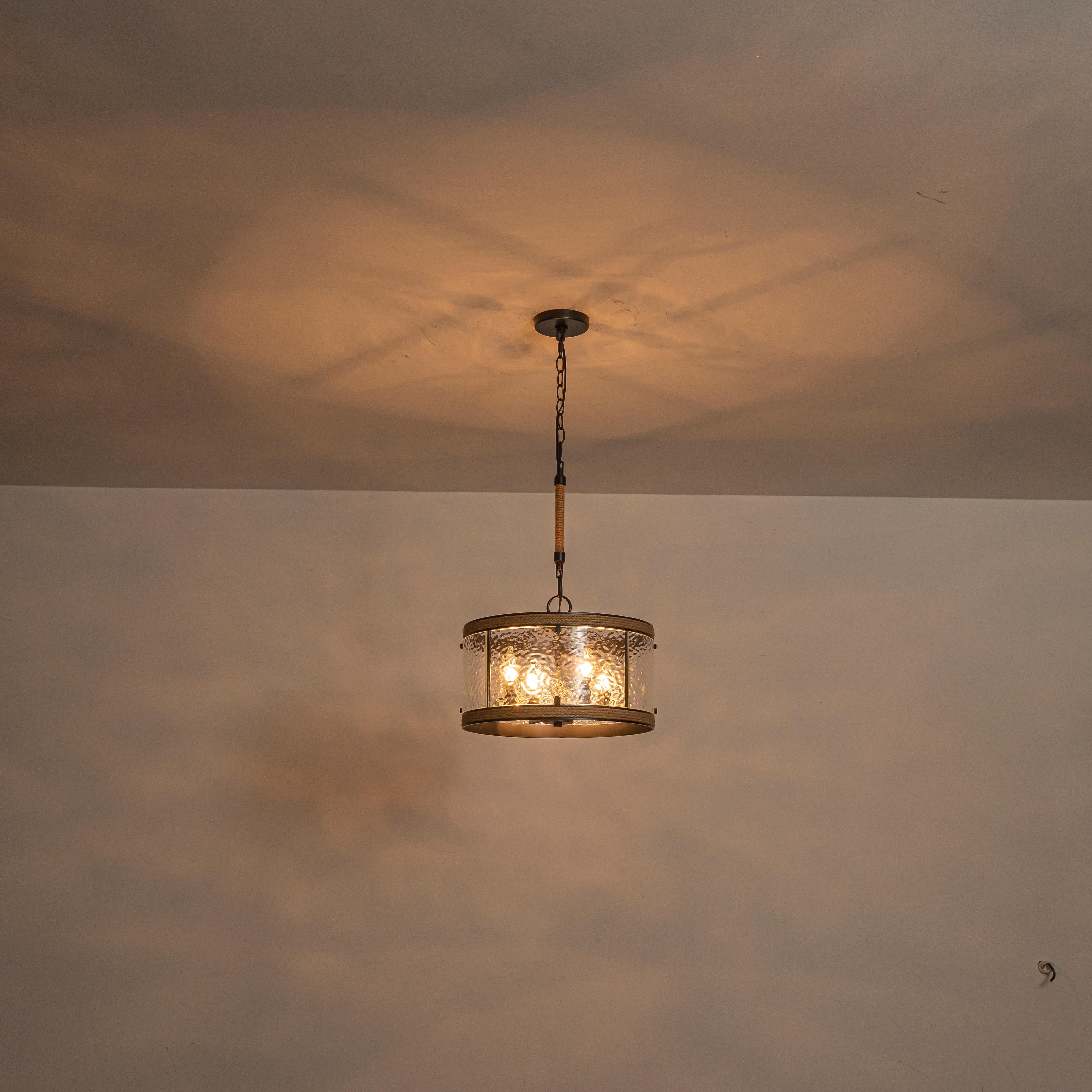 Glowlings 4-Light Farmhouse 16"Wide Drum Natural Rope Clear Hammered Glass Chandelier