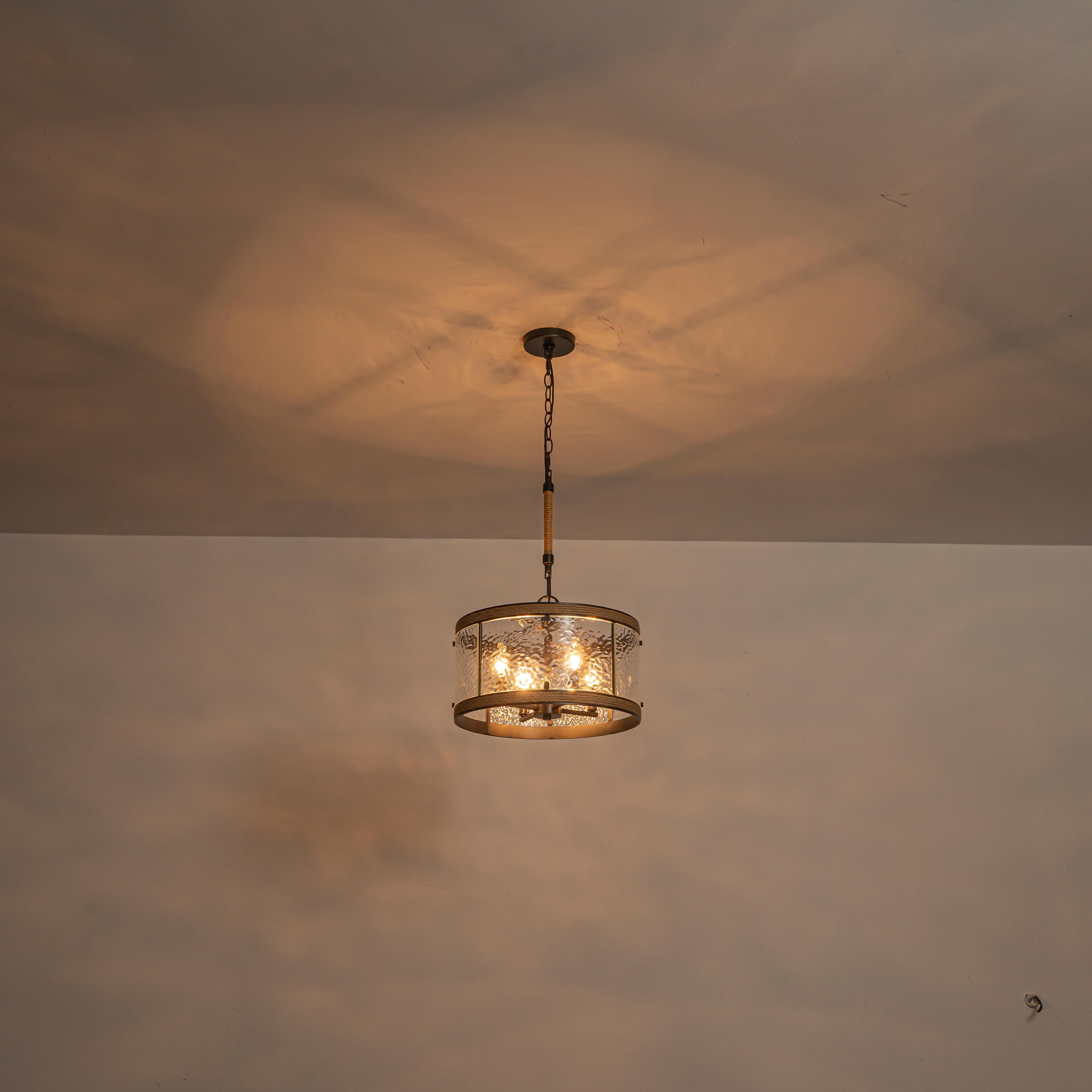 Glowlings 4-Light Farmhouse 16"Wide Drum Natural Rope Clear Hammered Glass Chandelier