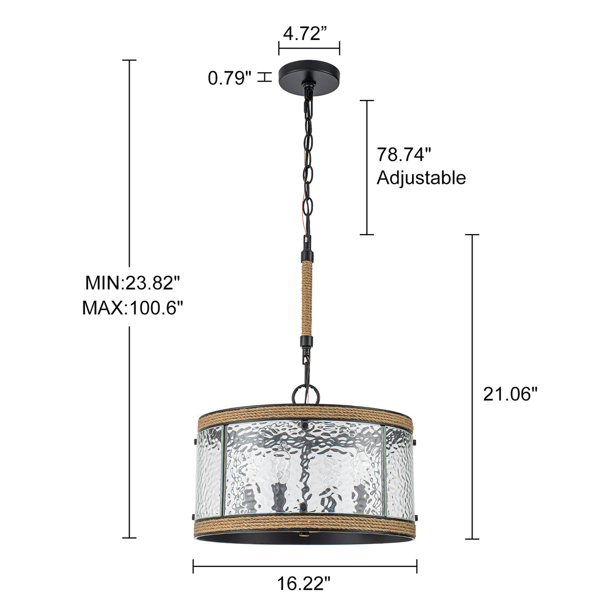 Glowlings 4-Light Farmhouse 16"Wide Drum Natural Rope Clear Hammered Glass Chandelier