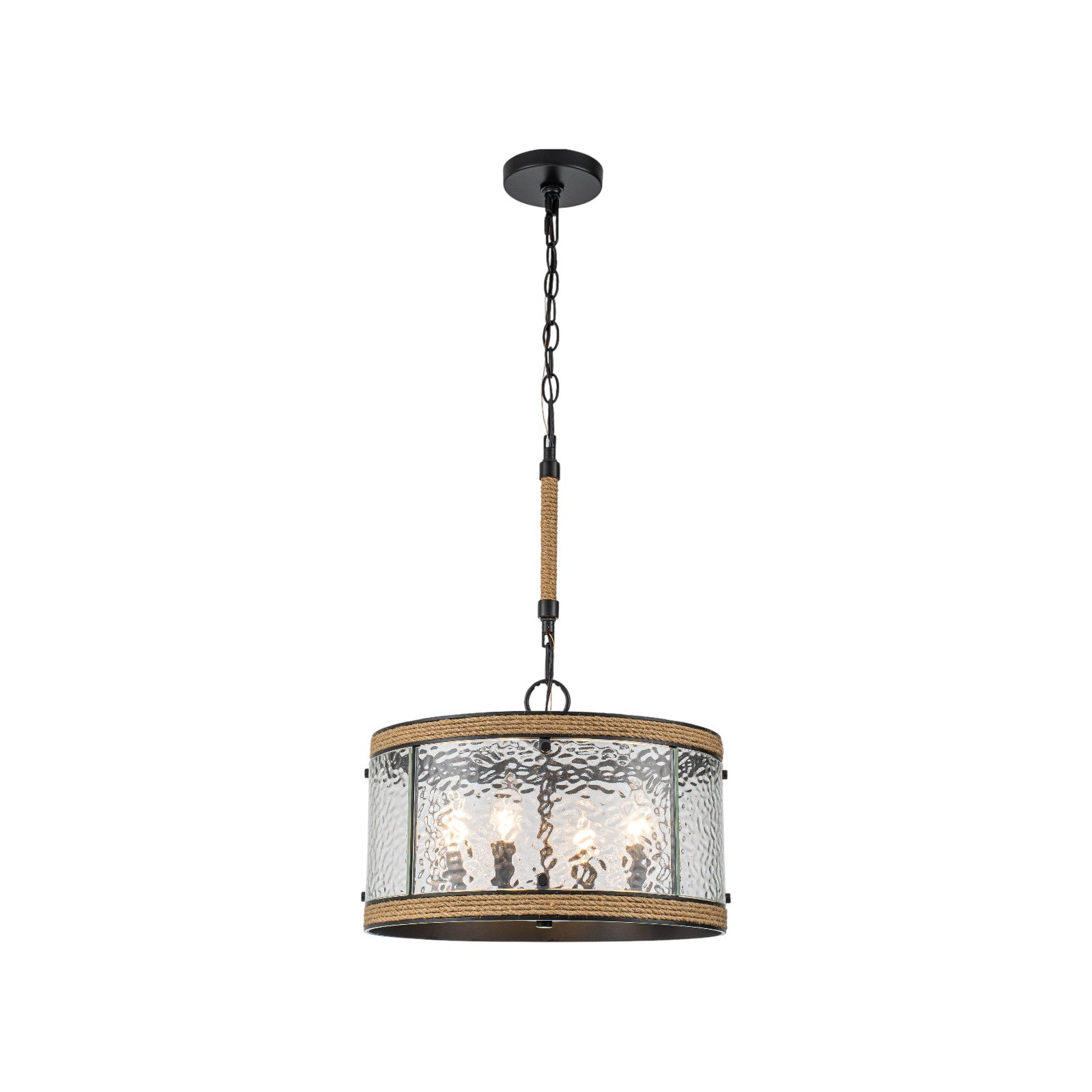 Glowlings 4-Light Farmhouse 16"Wide Drum Natural Rope Clear Hammered Glass Chandelier