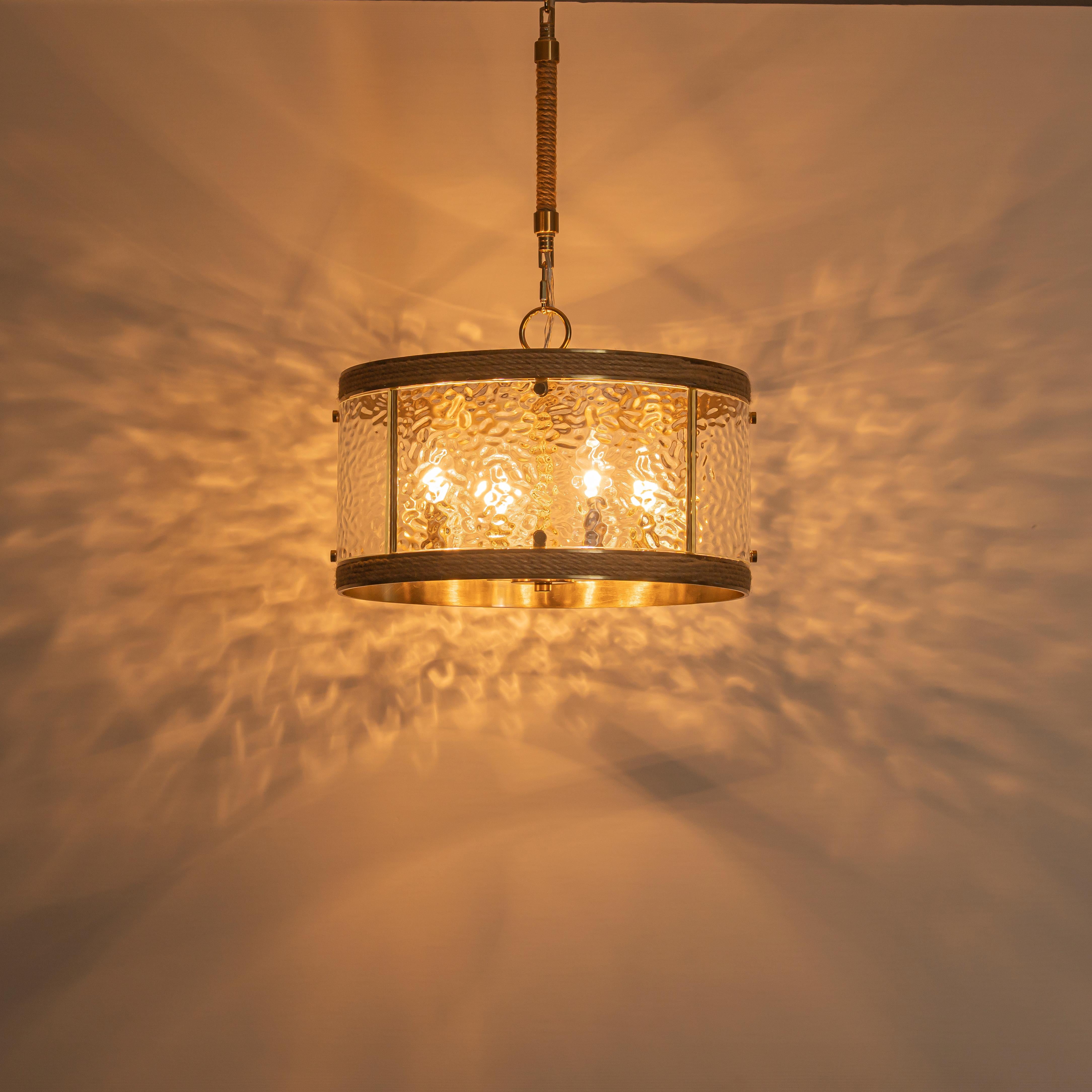 Glowlings 4-Light Farmhouse 16"Wide Drum Natural Rope Clear Hammered Glass Chandelier