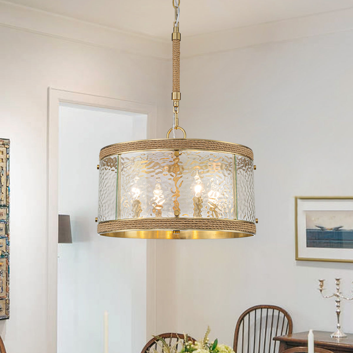 Glowlings 4-Light Farmhouse 16"Wide Drum Natural Rope Clear Hammered Glass Chandelier