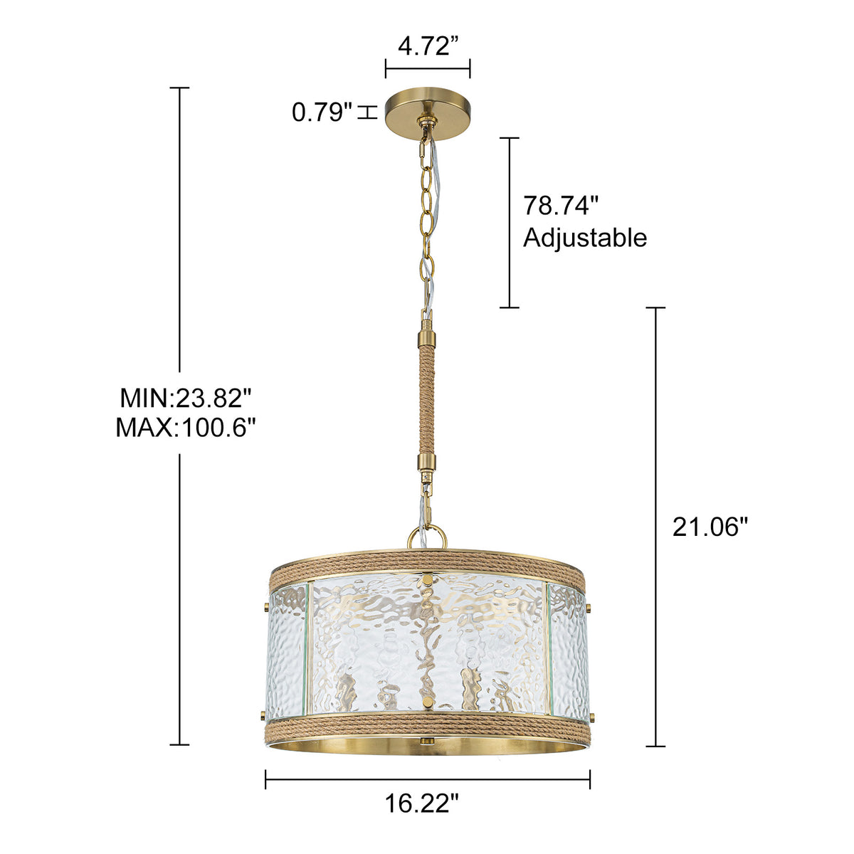 Glowlings 4-Light Farmhouse 16"Wide Drum Natural Rope Clear Hammered Glass Chandelier