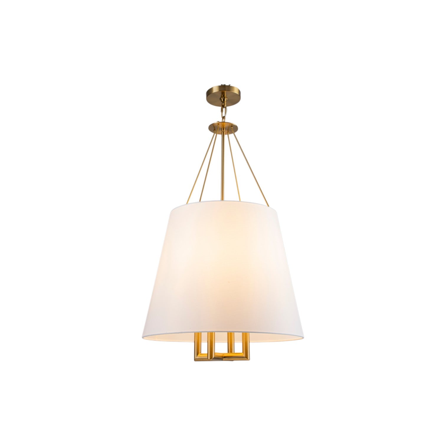 Glowlings 4-Light Farmhouse Large Brushed Brass Tapered Chandelier with White Fabric Shade
