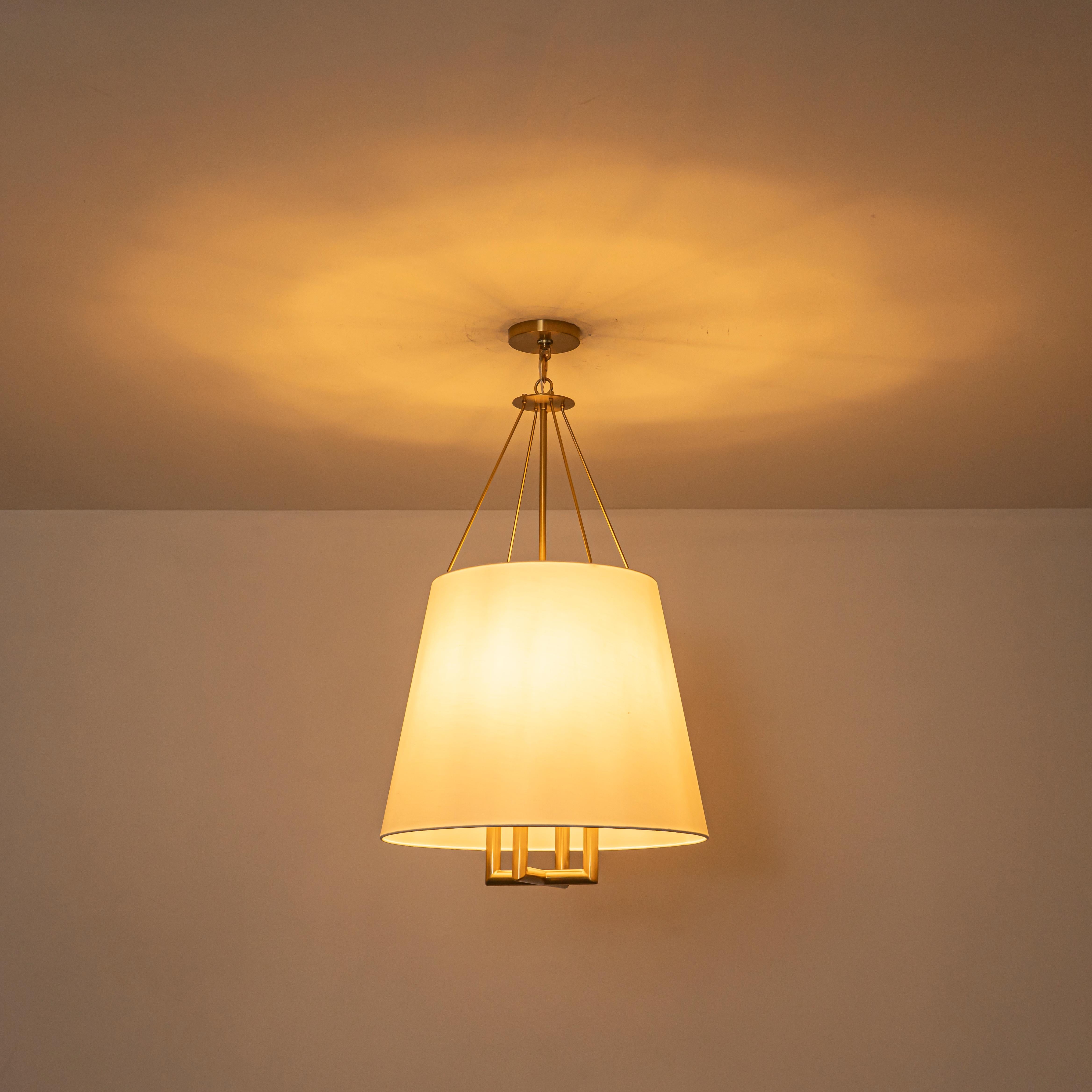Glowlings 4-Light Farmhouse Large Brushed Brass Tapered Chandelier with White Fabric Shade