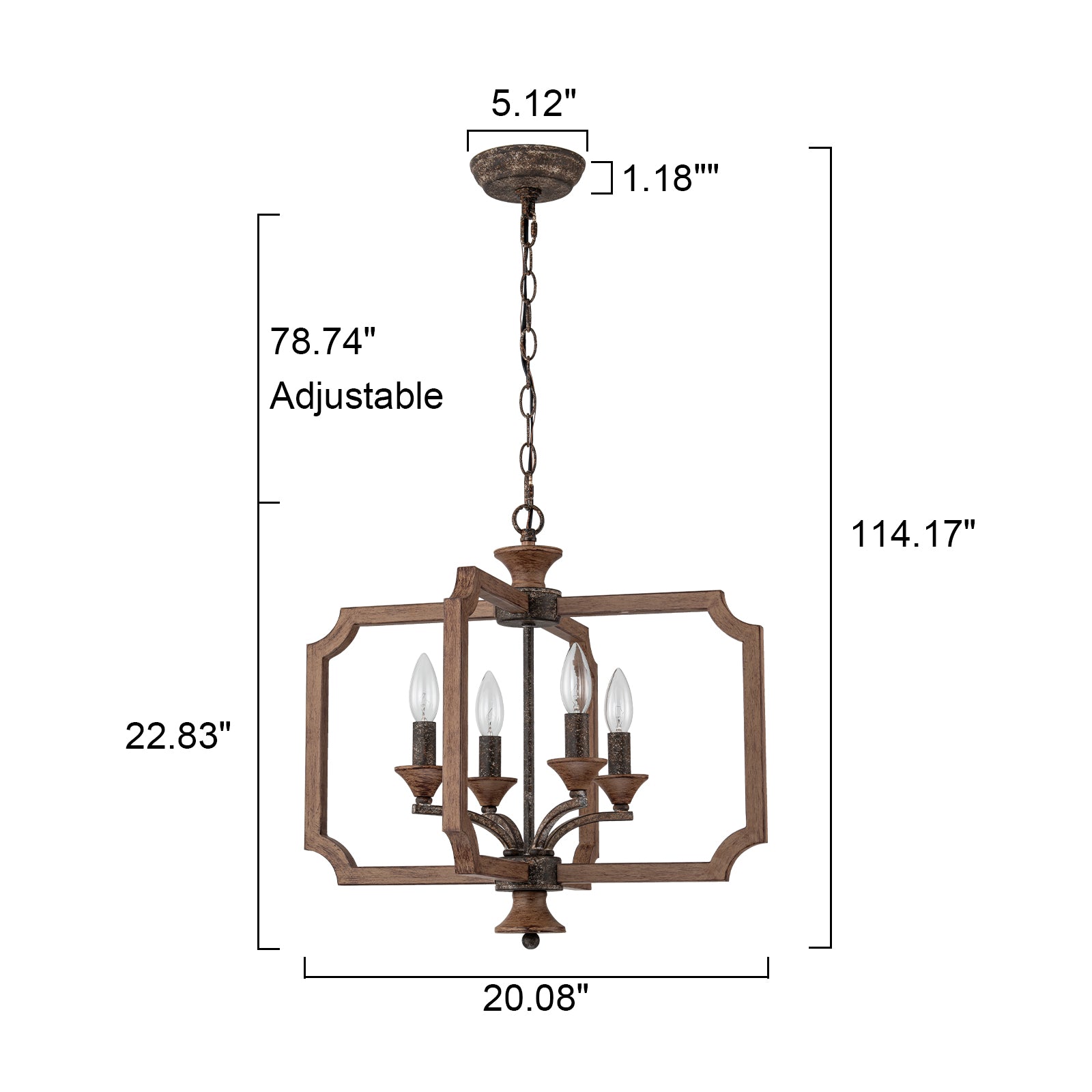 Glowlings 4-flammige Bauernhaus-Laterne, 50,8 cm breit, rostfarbenes Holz, Hängeleuchte