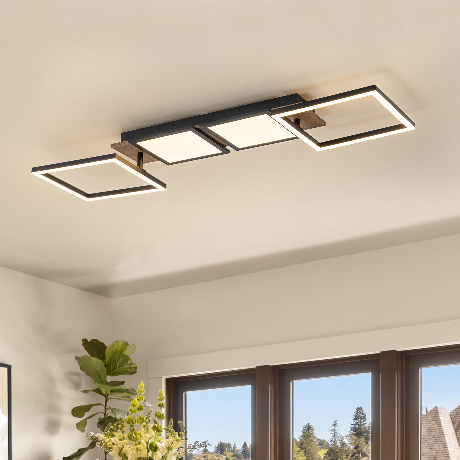 Glowlings 4-Light Farmhouse 39"Wide Large 360° Rotated Square LED Wood Flush Mount