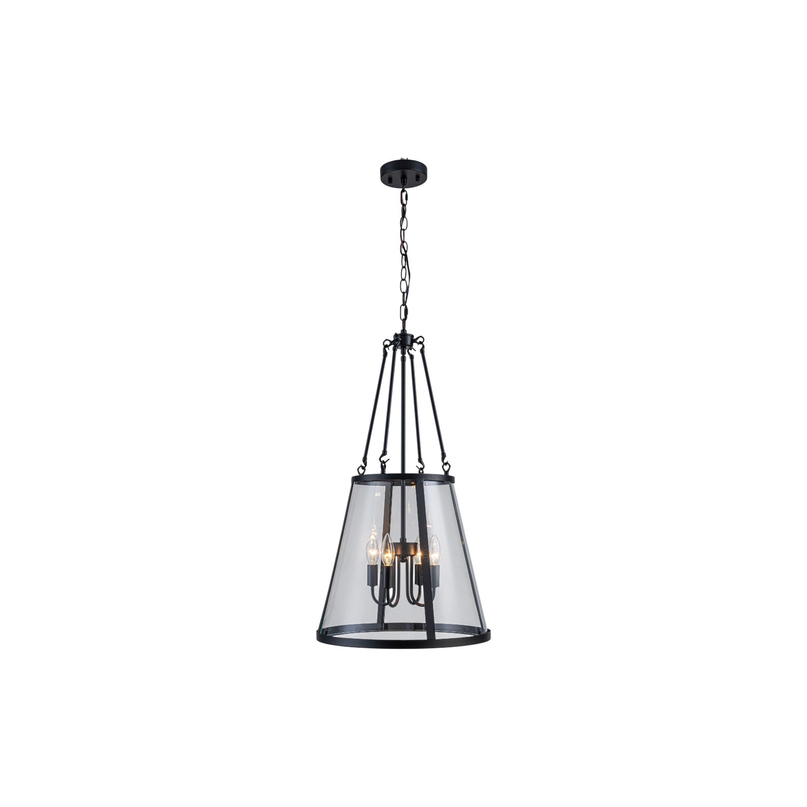 Glowlings 4-Light Farmhouse Matte Black Lantern Tapered Clear Glass Chandelier