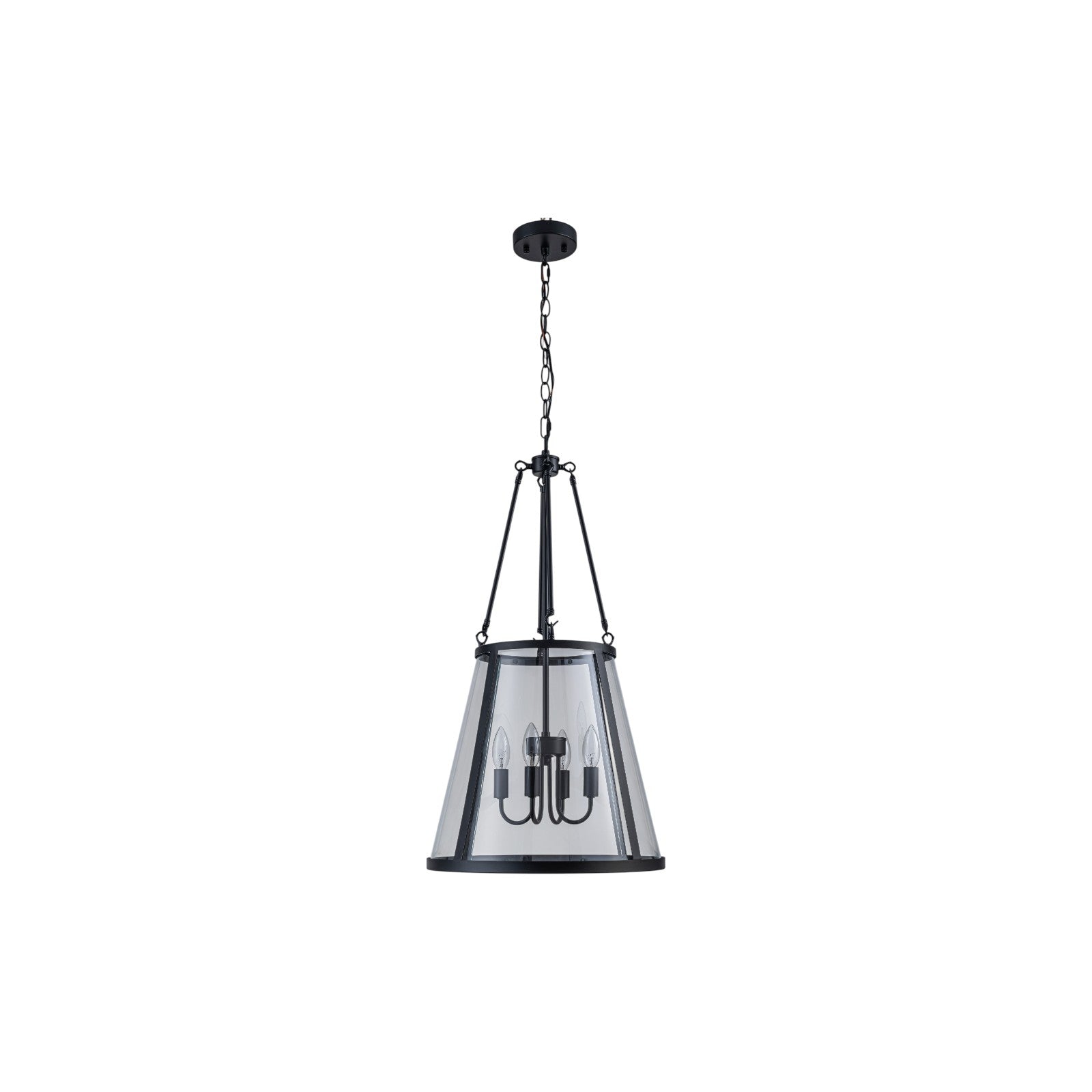 Glowlings 4-Light Farmhouse Matte Black Lantern Tapered Clear Glass Chandelier
