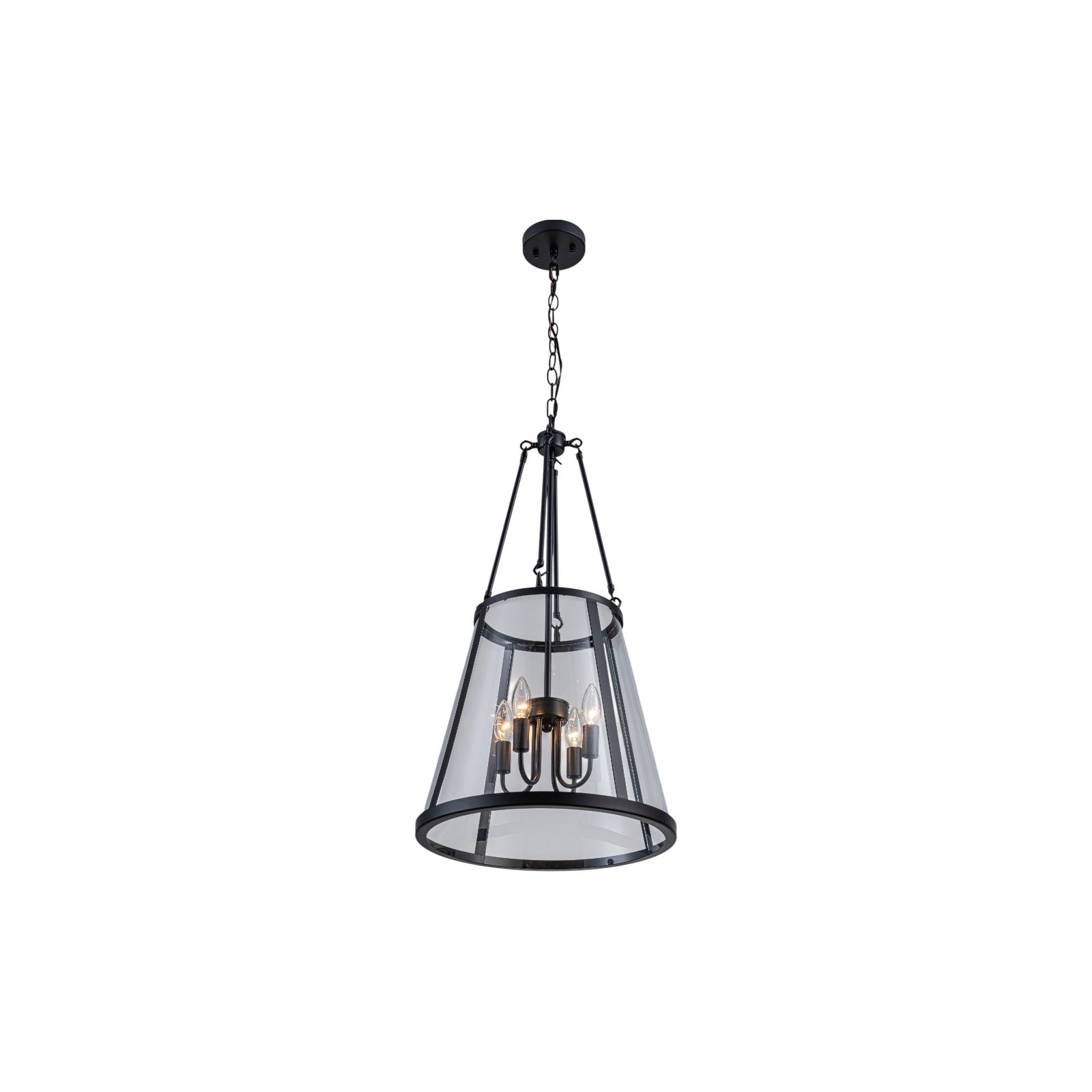 Glowlings 4-Light Farmhouse Matte Black Lantern Tapered Clear Glass Chandelier