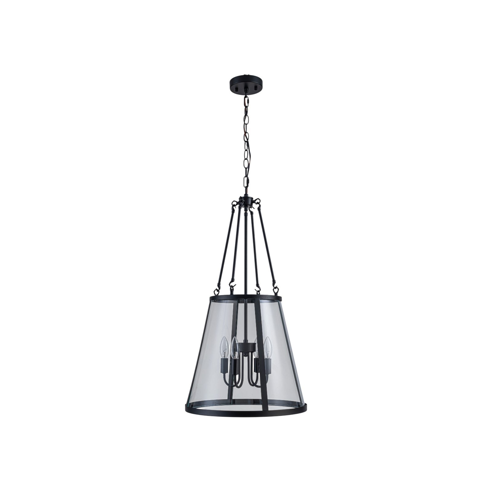 Glowlings 4-Light Farmhouse Matte Black Lantern Tapered Clear Glass Chandelier
