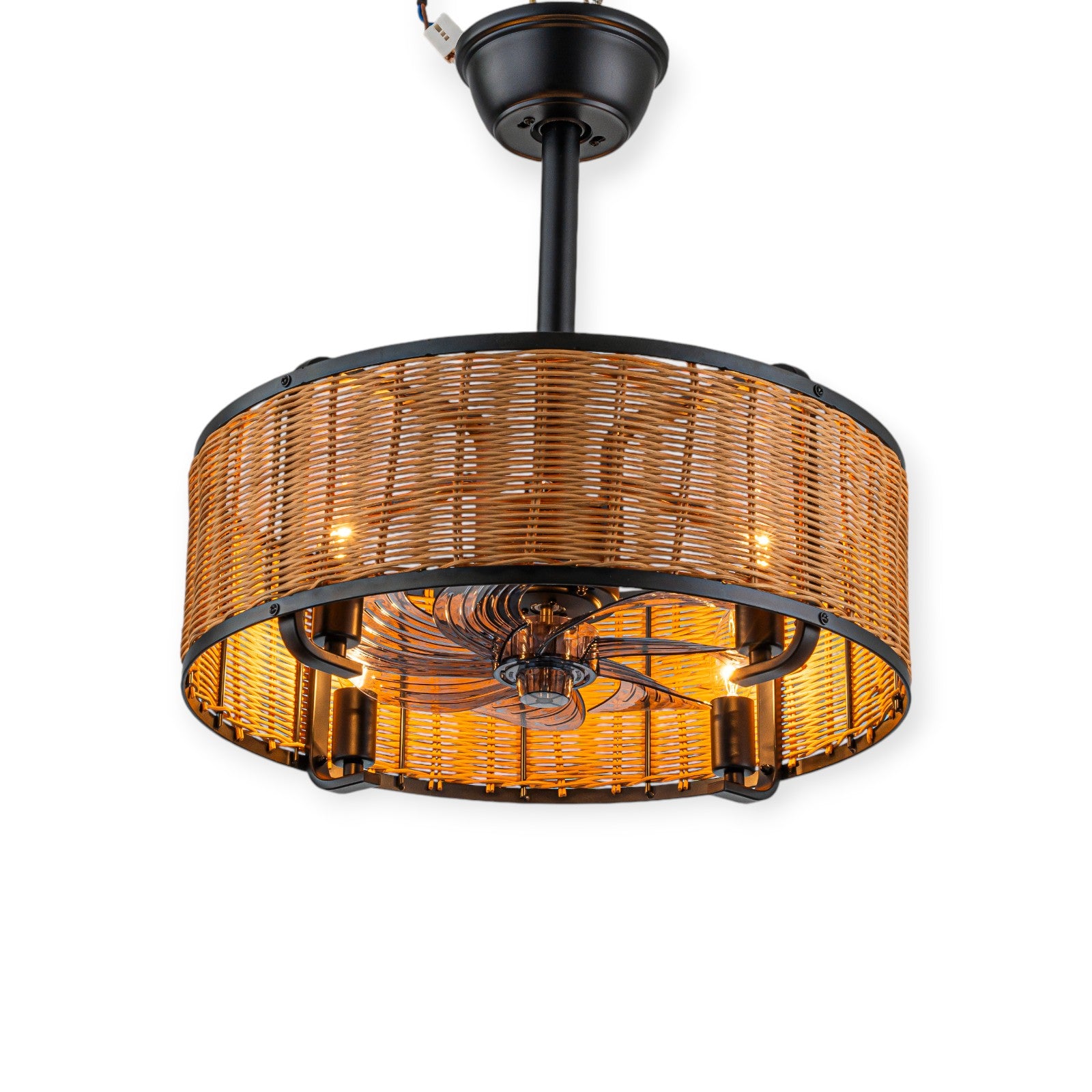 Glowlings 4-Light Farmhouse Rustic 19"Wide Hand-woven Rattan Drum Indoor Ceiling Fan with Light Remote Control