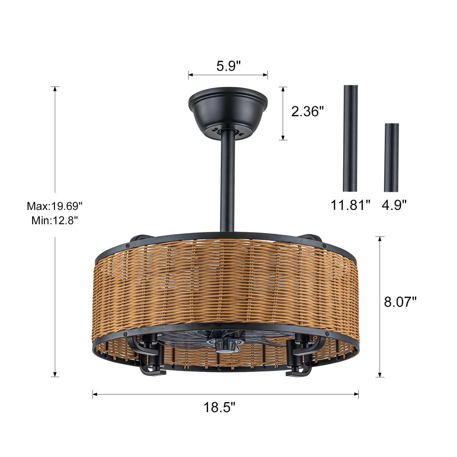 Glowlings 4-Light Farmhouse Rustic 19"Wide Hand-woven Rattan Drum Indoor Ceiling Fan with Light Remote Control