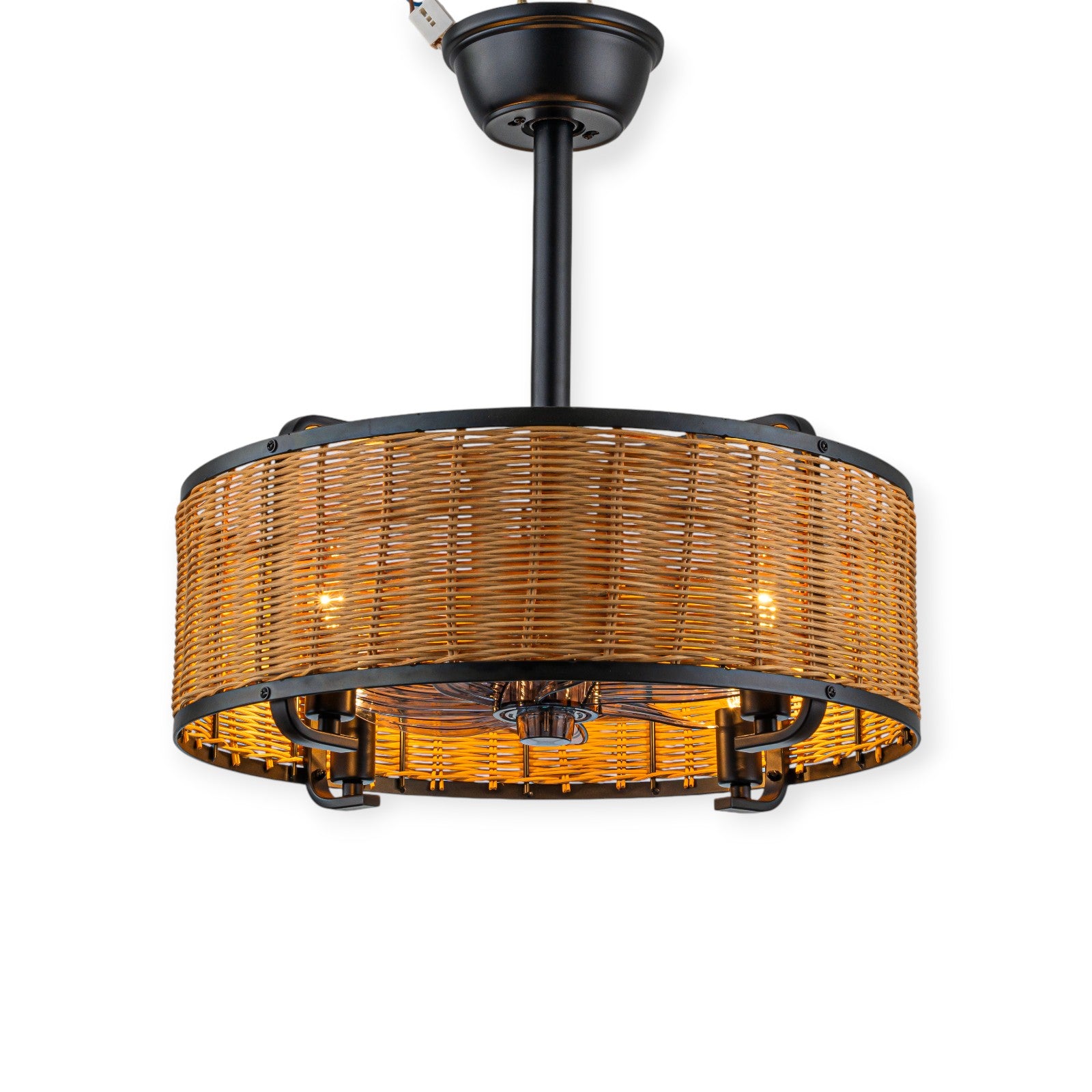 Glowlings 4-Light Farmhouse Rustic 19"Wide Hand-woven Rattan Drum Indoor Ceiling Fan with Light Remote Control