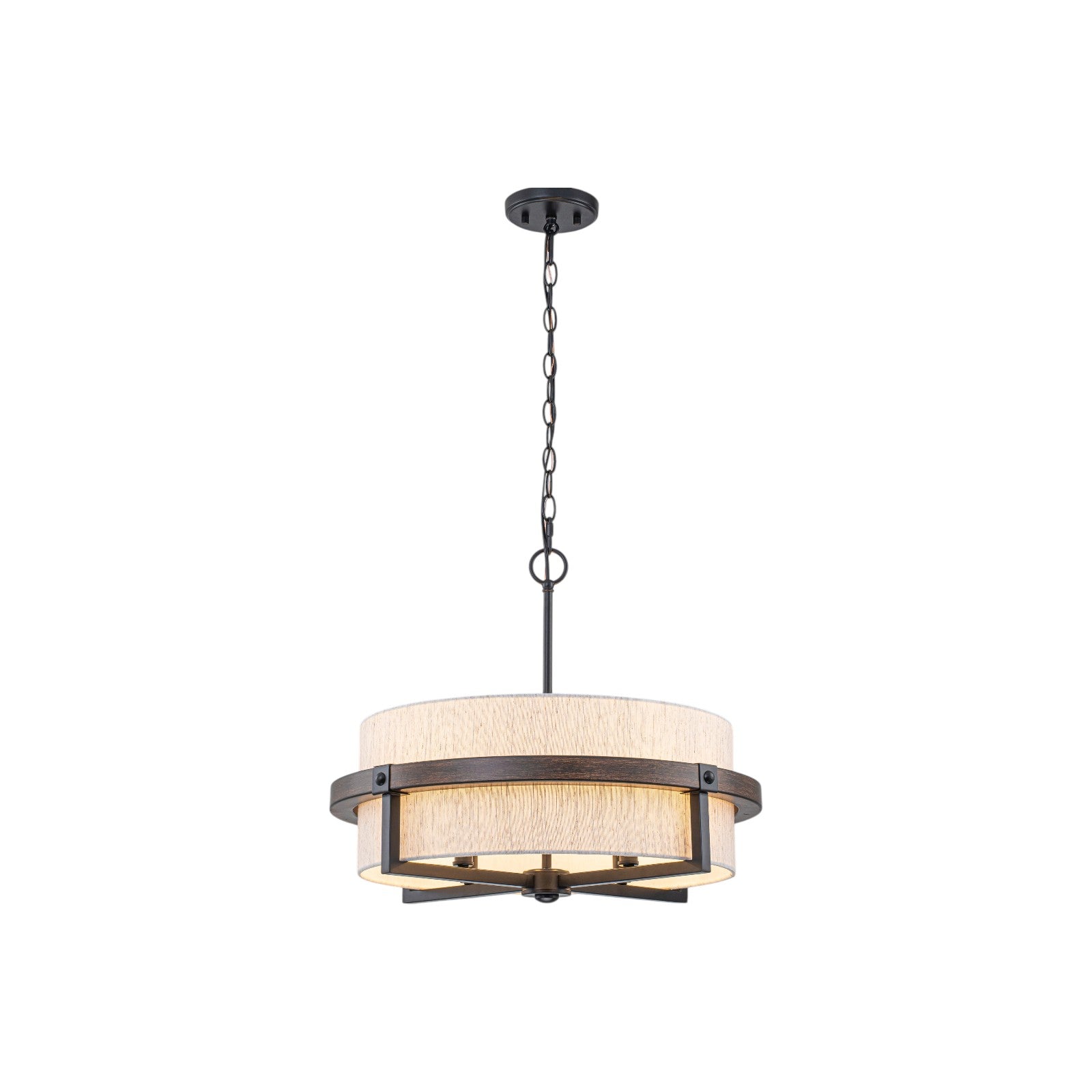 Glowlings 4-Light Farmhouse Wood Oatmeal Linen Fabric Shade Drum Chandelier Island Light