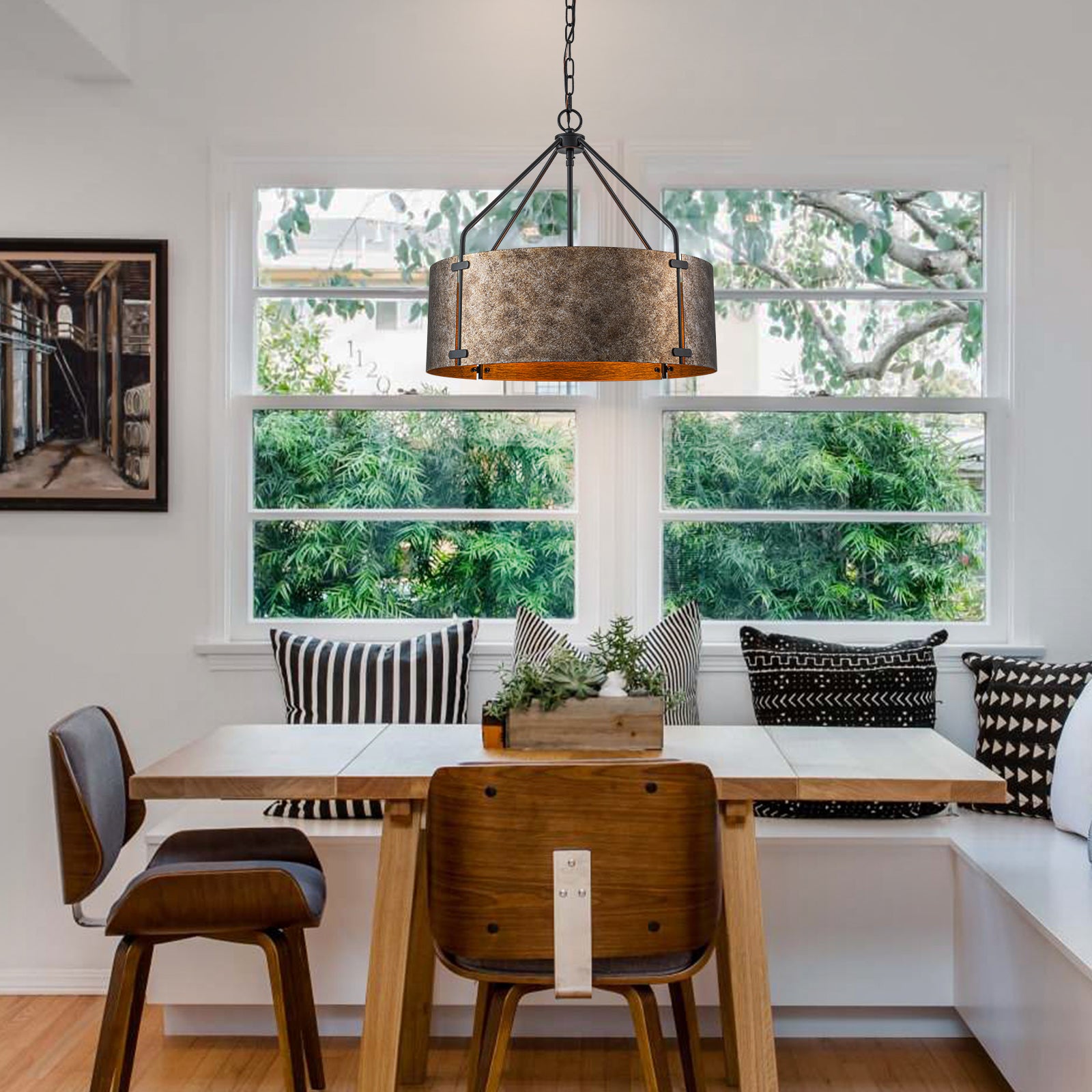 Glowlings 4-flammige industrielle Pendelleuchte, 55,9 cm breit, groß, rustikal, bronzefarben, Metall, Trommelform