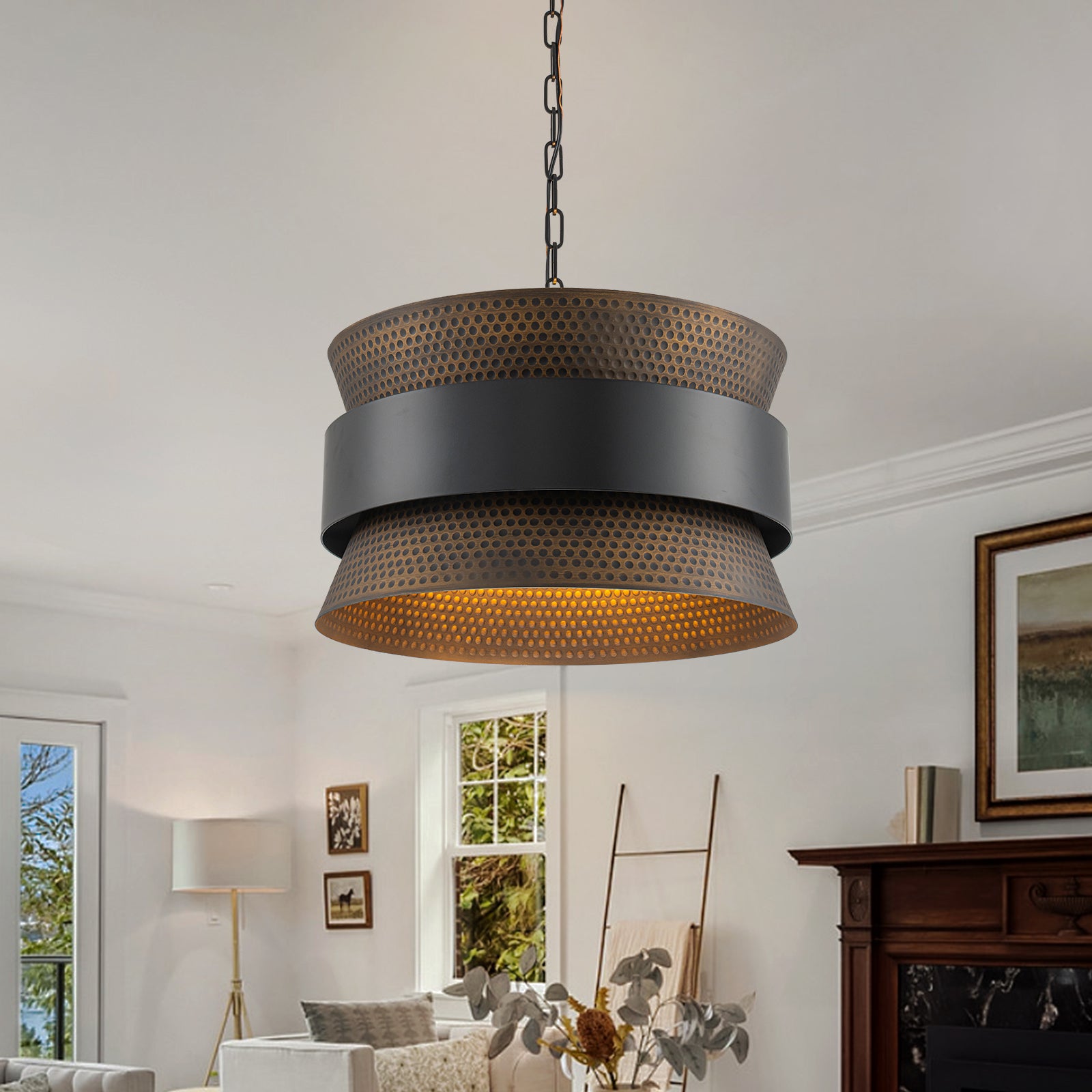 Glowlings 4-Light Industrial 20"Wide Hammered Drum Pendant Light Oil Rubbed Bronze Chandelier with Mesh Shade