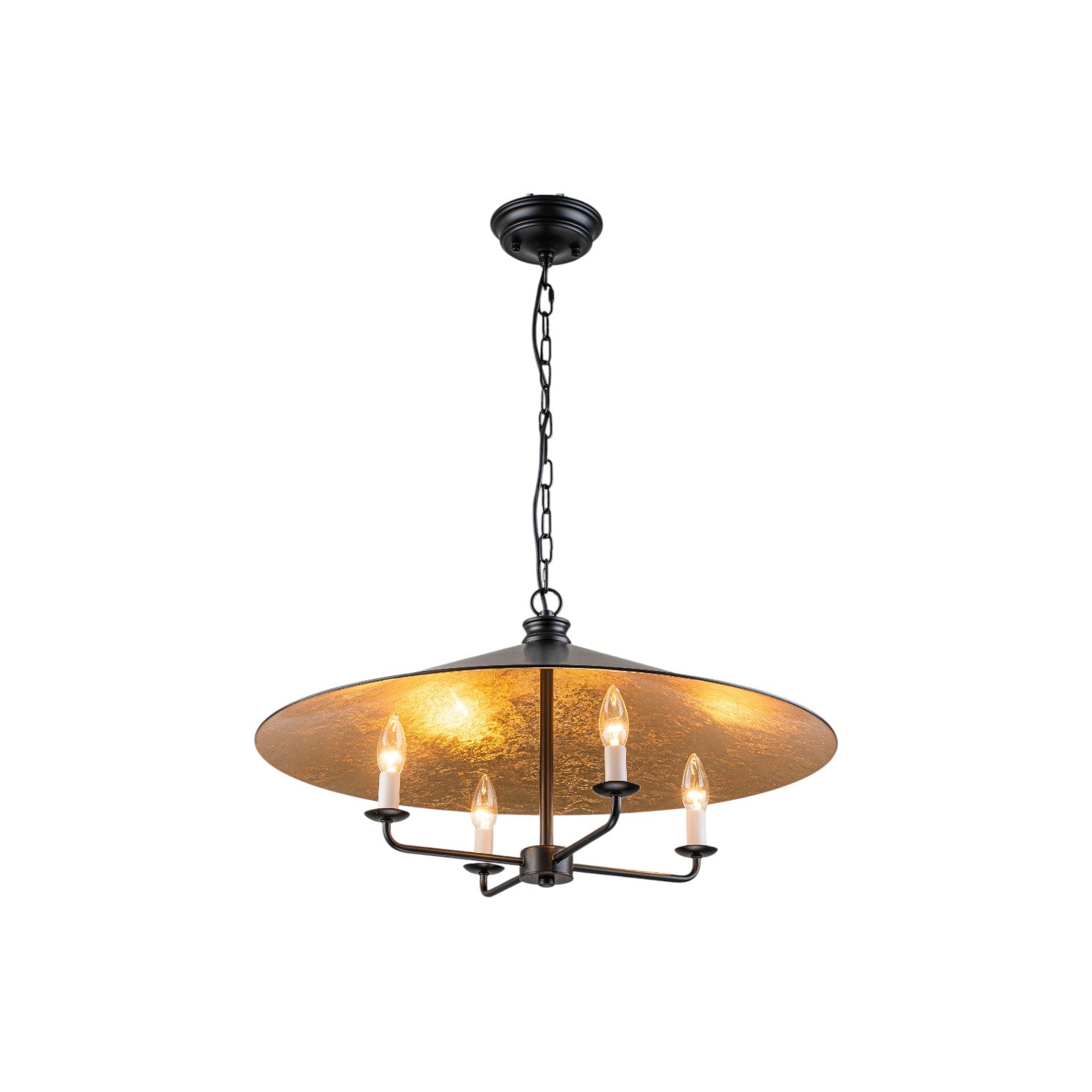 Glowlings 4-Light Industrial Rustic Black Metal Dome Chandelier with Gold Interior Island Pendant Light