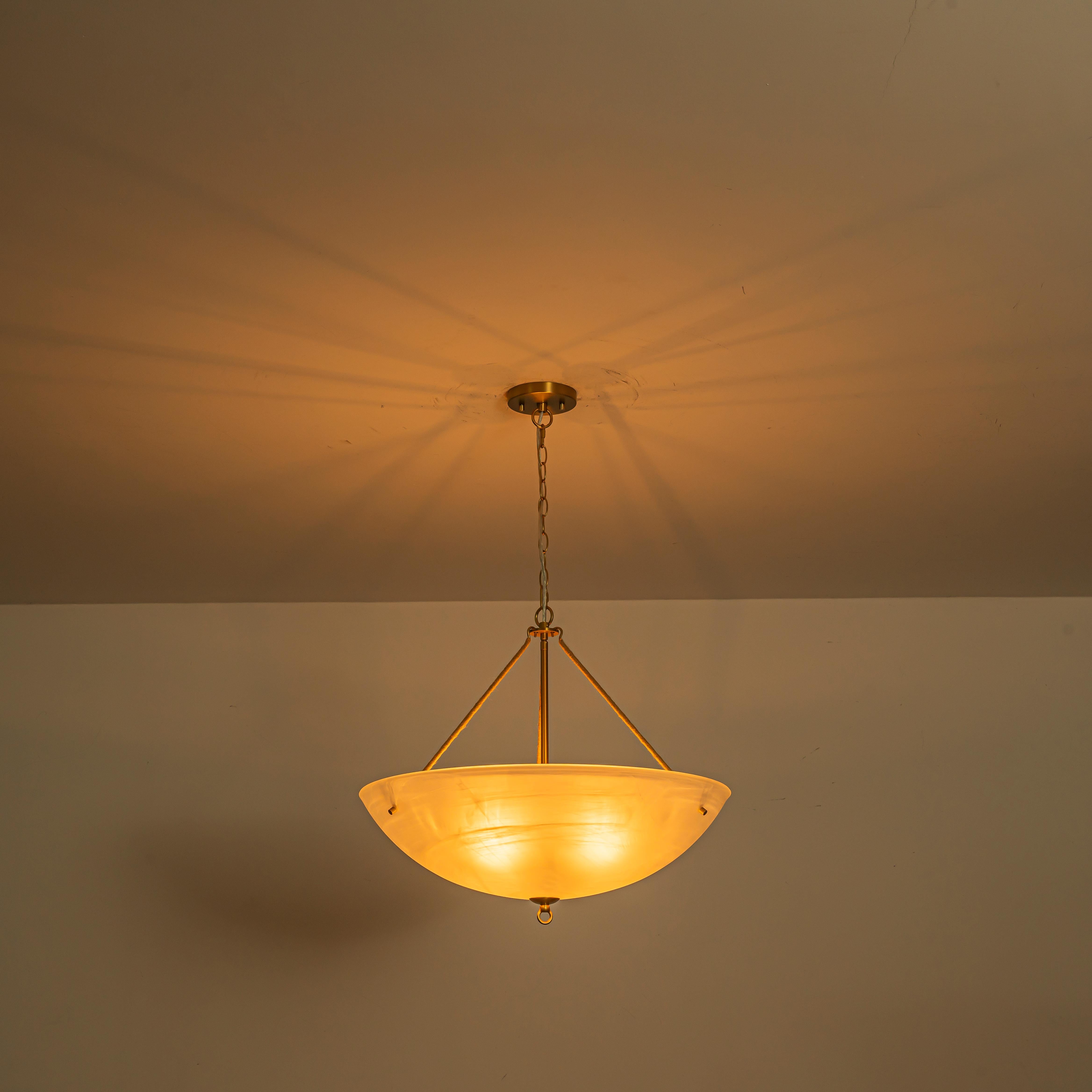 Glowlings 4-Light Mid-Century 24"Wide Large Brushed Brass Bowl Faux Alabaster Glass Chandelier with Rope Accents