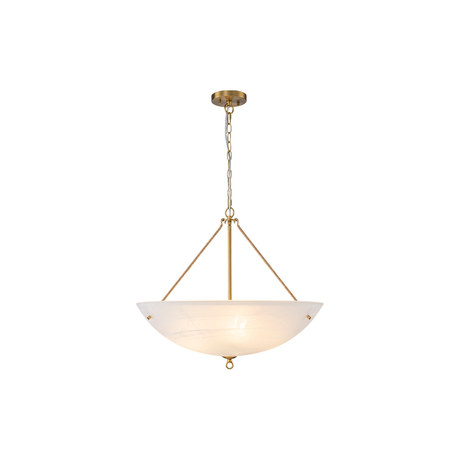 Glowlings 4-Light Mid-Century 24"Wide Large Brushed Brass Bowl Faux Alabaster Glass Chandelier with Rope Accents