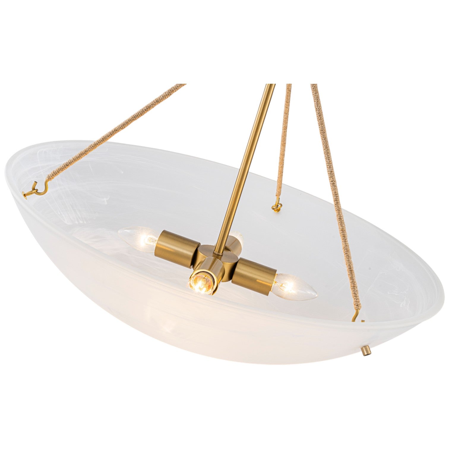Glowlings 4-Light Mid-Century 24"Wide Large Brushed Brass Bowl Faux Alabaster Glass Chandelier with Rope Accents