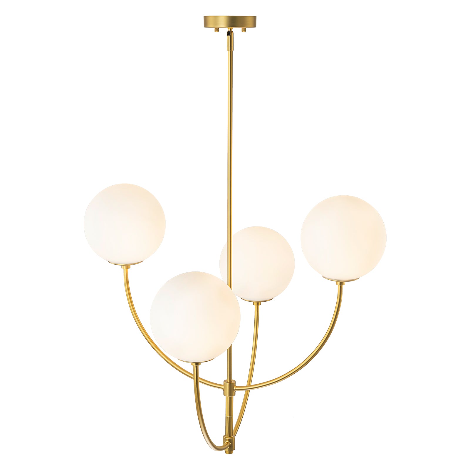 Glowlings 4-flammiger moderner 29" breiter großer Messing-Kronleuchter mit gebogenem Arm und Opalglaskugel