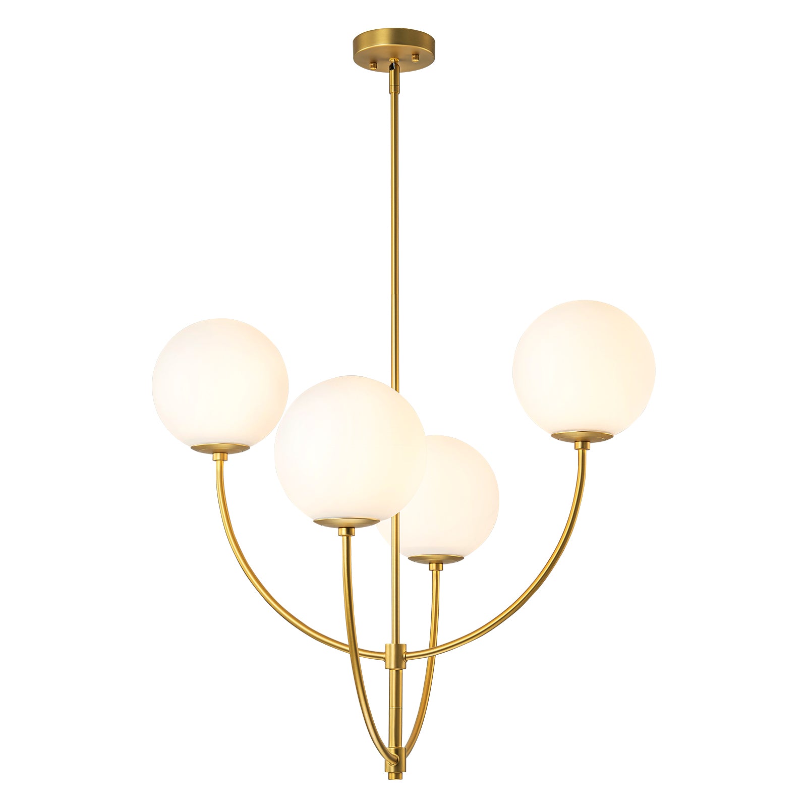 Glowlings 4-flammiger moderner 29" breiter großer Messing-Kronleuchter mit gebogenem Arm und Opalglaskugel