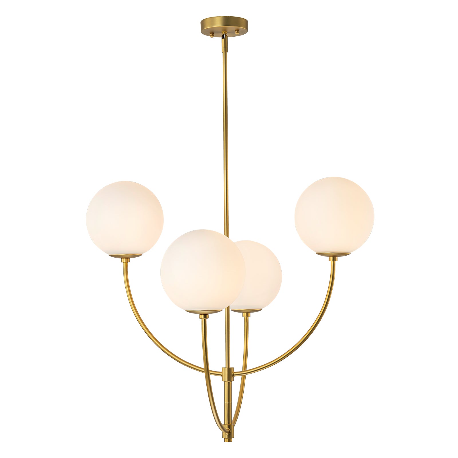 Glowlings 4-flammiger moderner 29" breiter großer Messing-Kronleuchter mit gebogenem Arm und Opalglaskugel