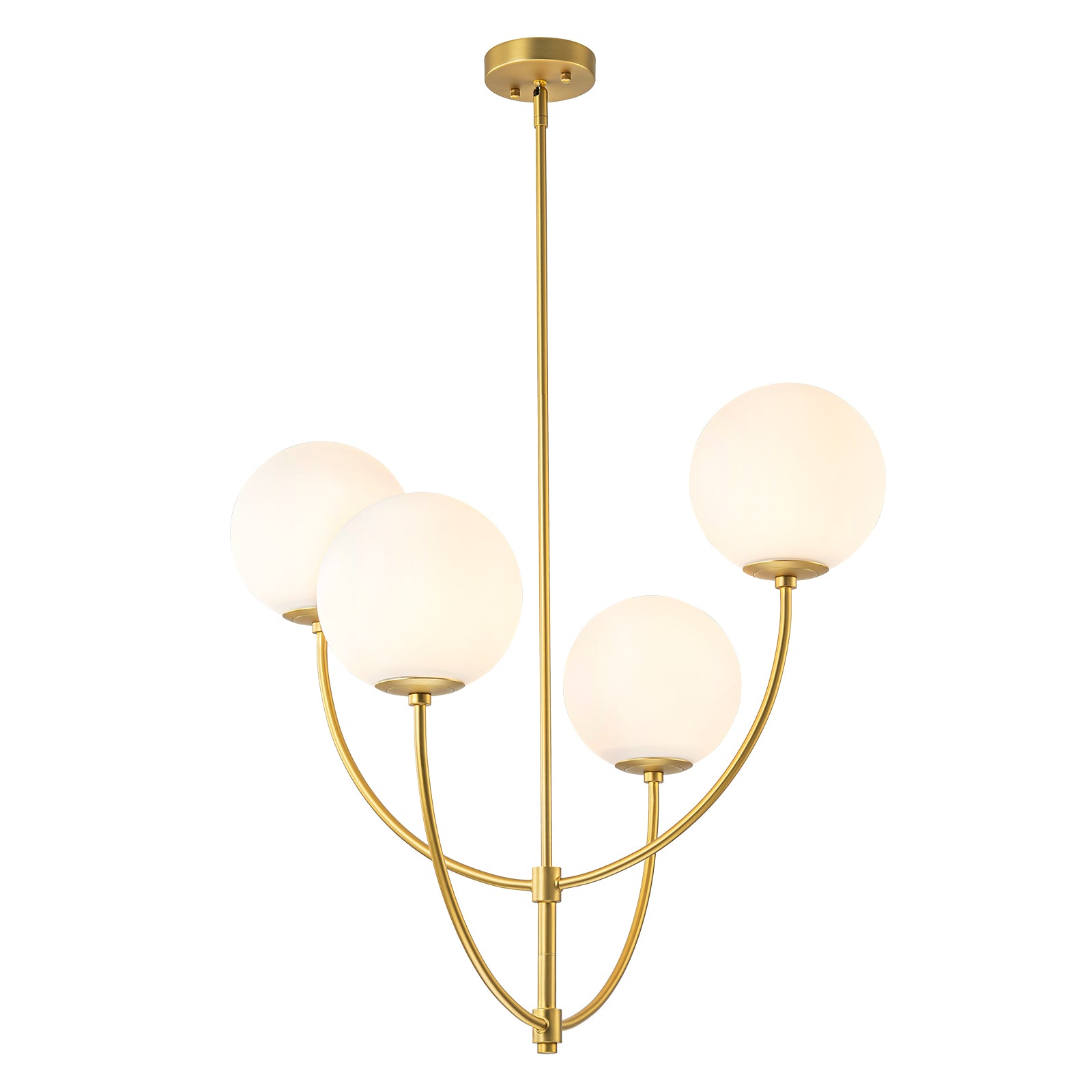Glowlings 4-flammiger moderner 29" breiter großer Messing-Kronleuchter mit gebogenem Arm und Opalglaskugel