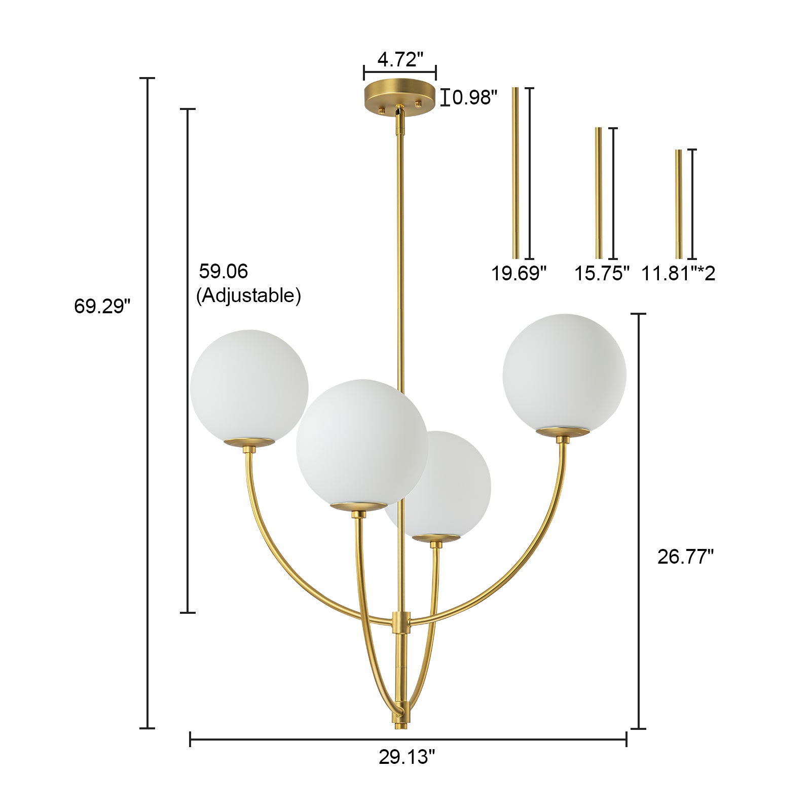 Glowlings 4-flammiger moderner 29" breiter großer Messing-Kronleuchter mit gebogenem Arm und Opalglaskugel